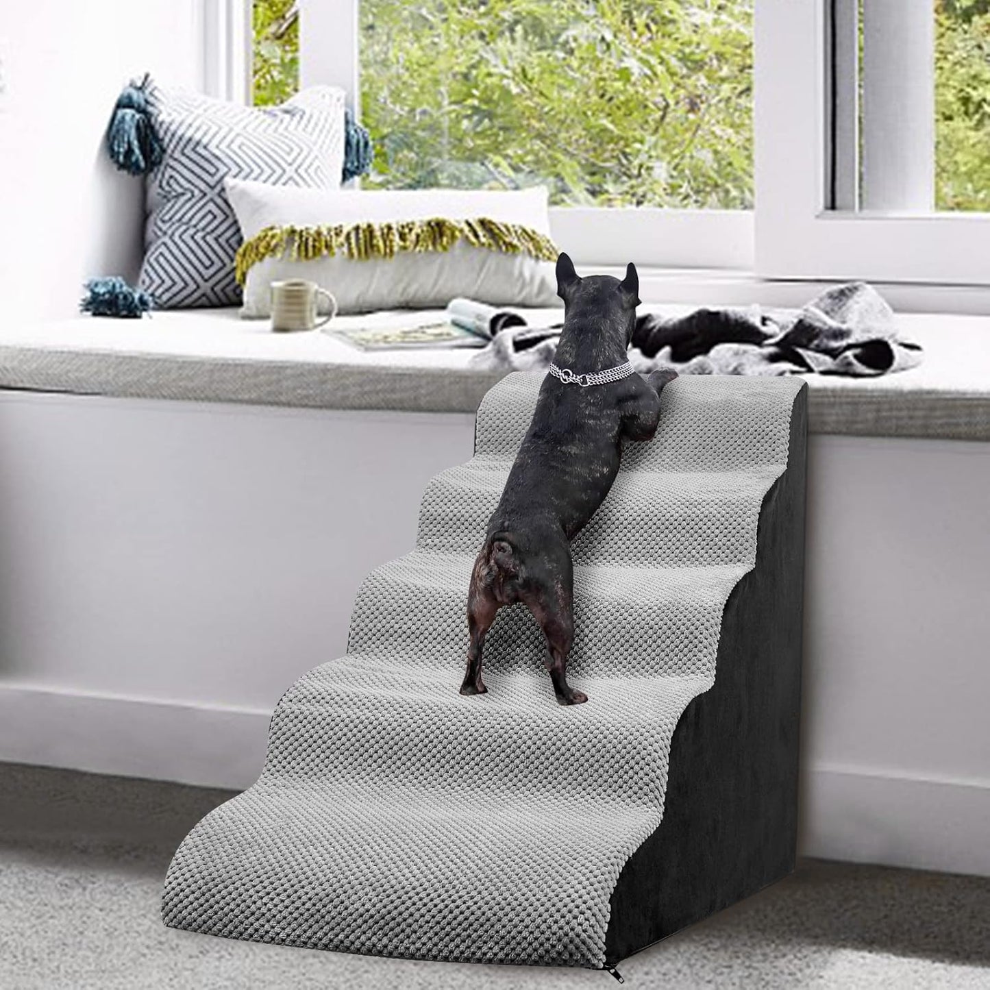 Dog Steps for Bed 24.4" High, Curved 5-Step Dog Stairs for Small Medium Dogs, PetDog Steps for Beds/Couch 22-26 in, Non-Slip Dogs Ramp with 35D High-Density Foam, Grey