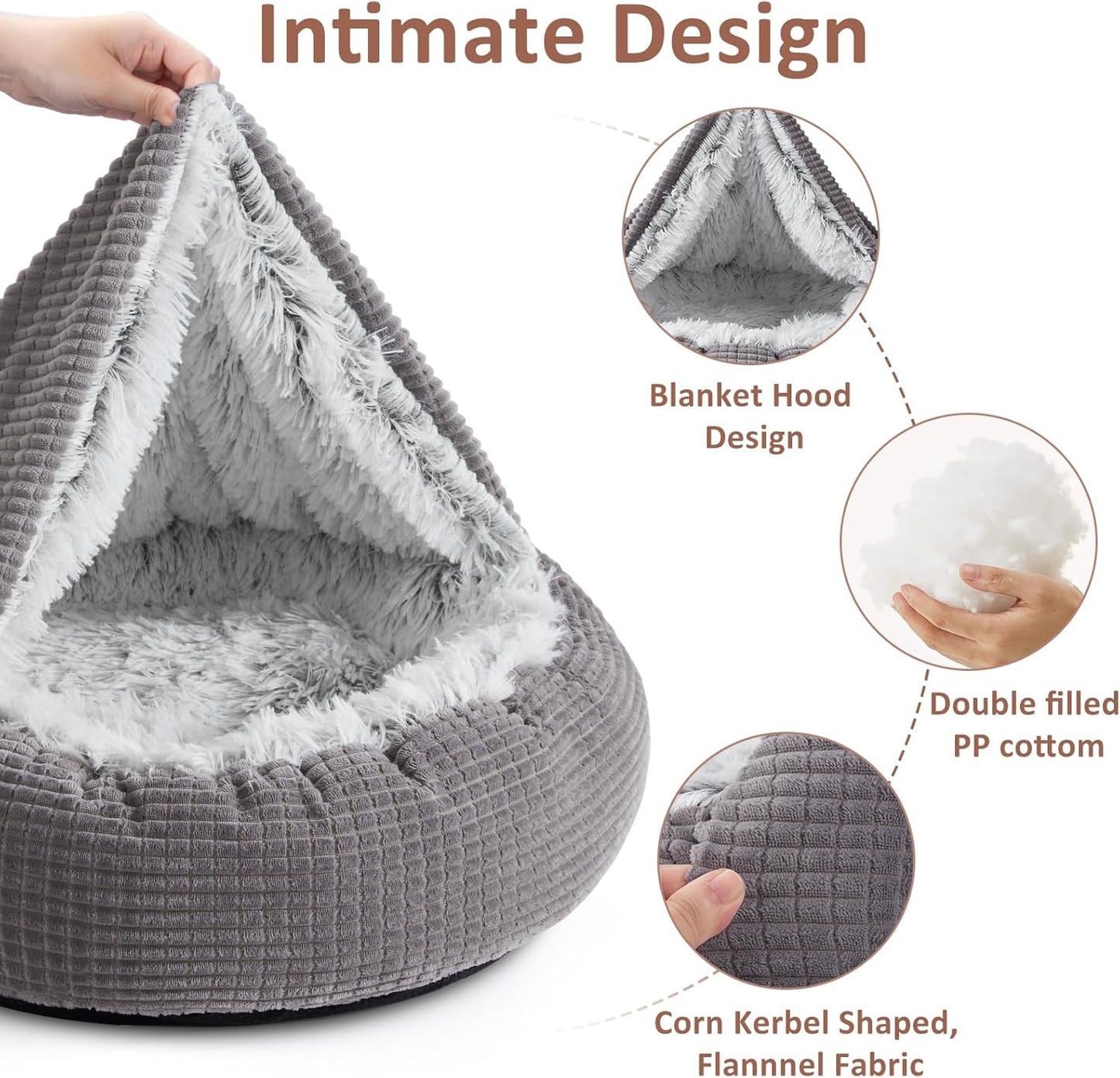 MIXJOY Dog Bed with Blanket, Round Calming Cozy Cave for Medium Dogs, Soft Plush Cuddler Puppy Bed and Burrow Cave, Anti-Slip Bottom, 26inch