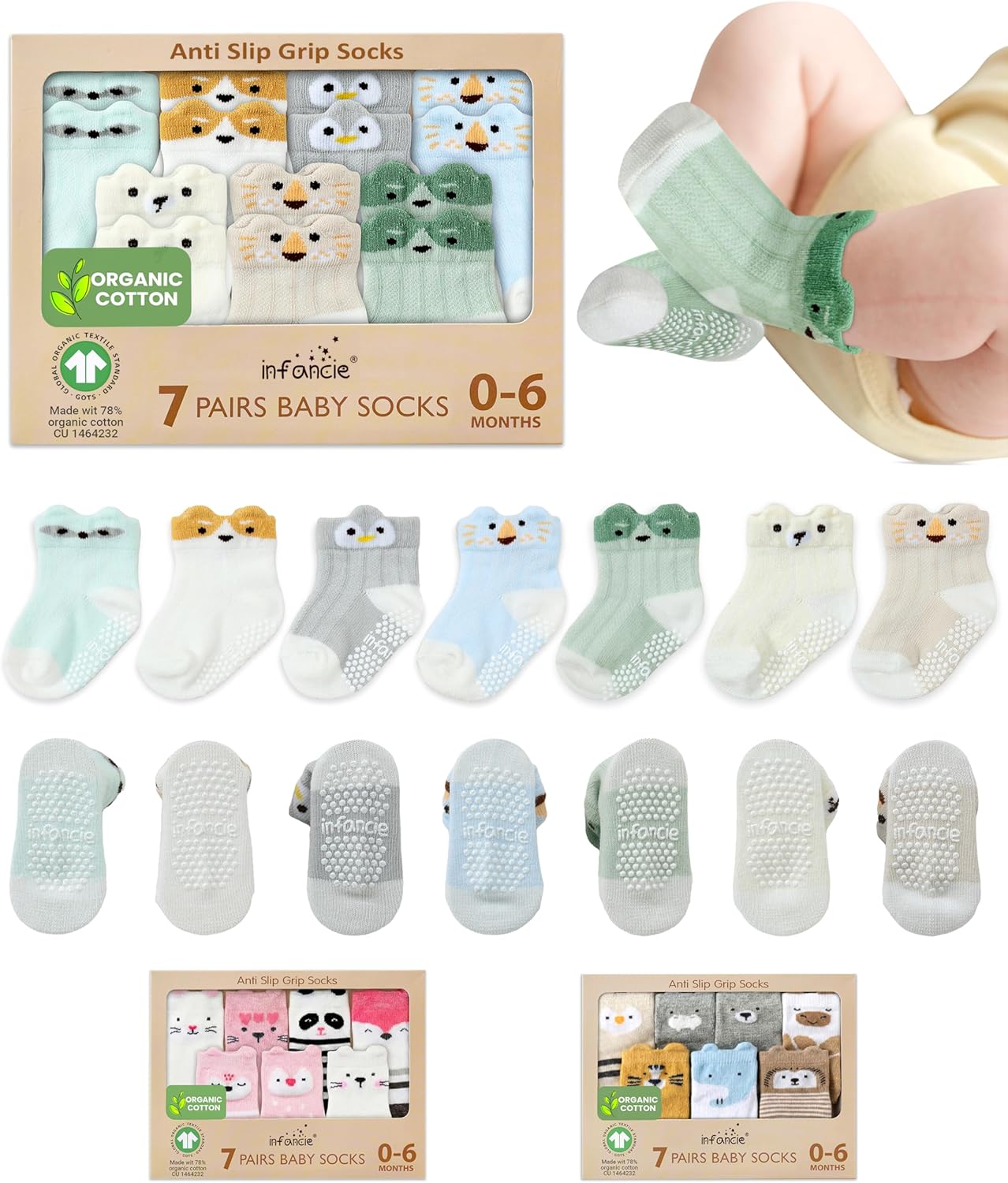 Organic Cotton GOTS Certified Baby Socks 7 Pairs 0-6 Months Soft for Infants Breathable, Newborn Socks Animal Design
