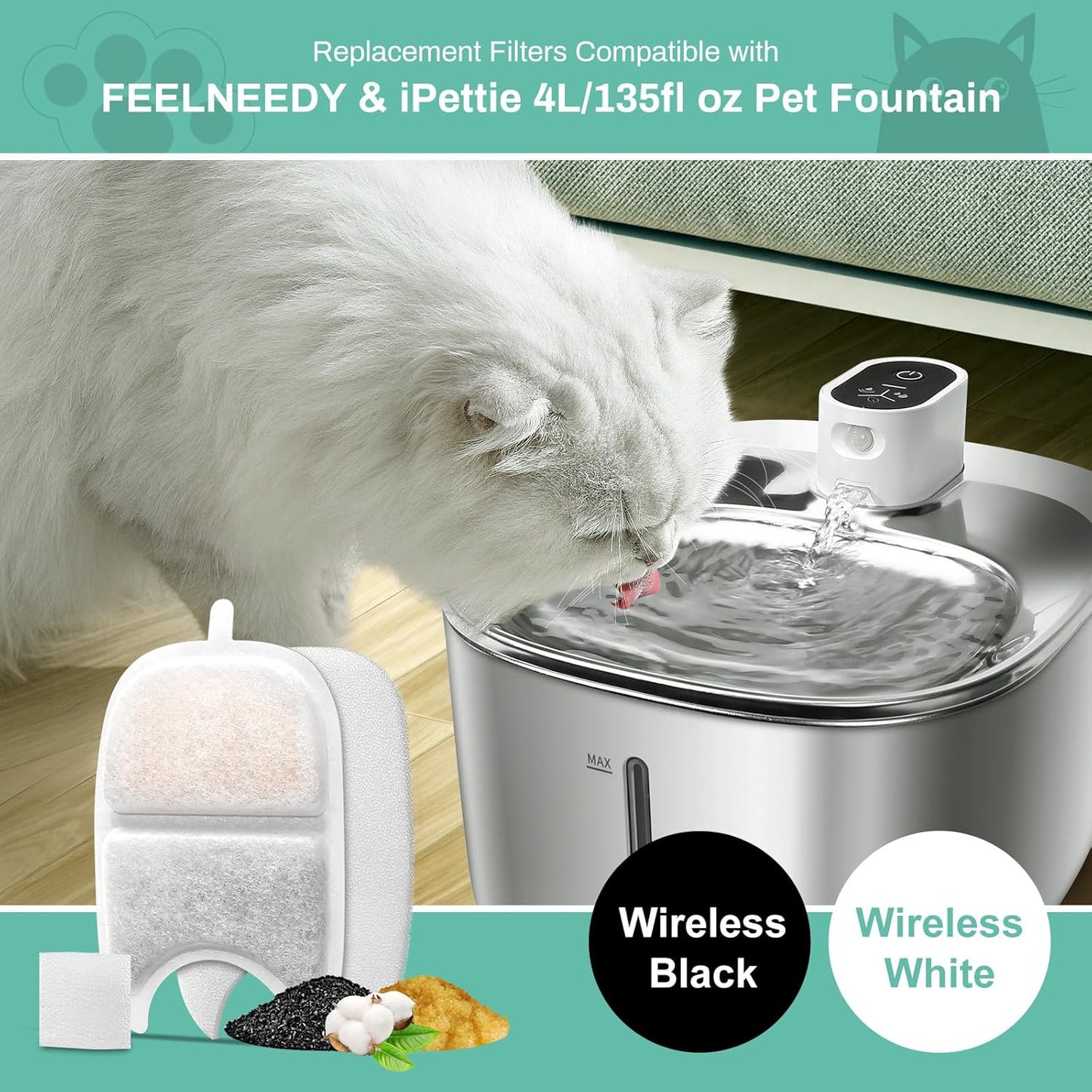 12 Set Replacement Filters & Sponges for 135 fl oz/4L Wilreless Cat Water Fountain, BFLICROY Cat Water Fountain Filters, Triple Filtration Pet Fountain Filter Replacement, Dog Fountain Filter