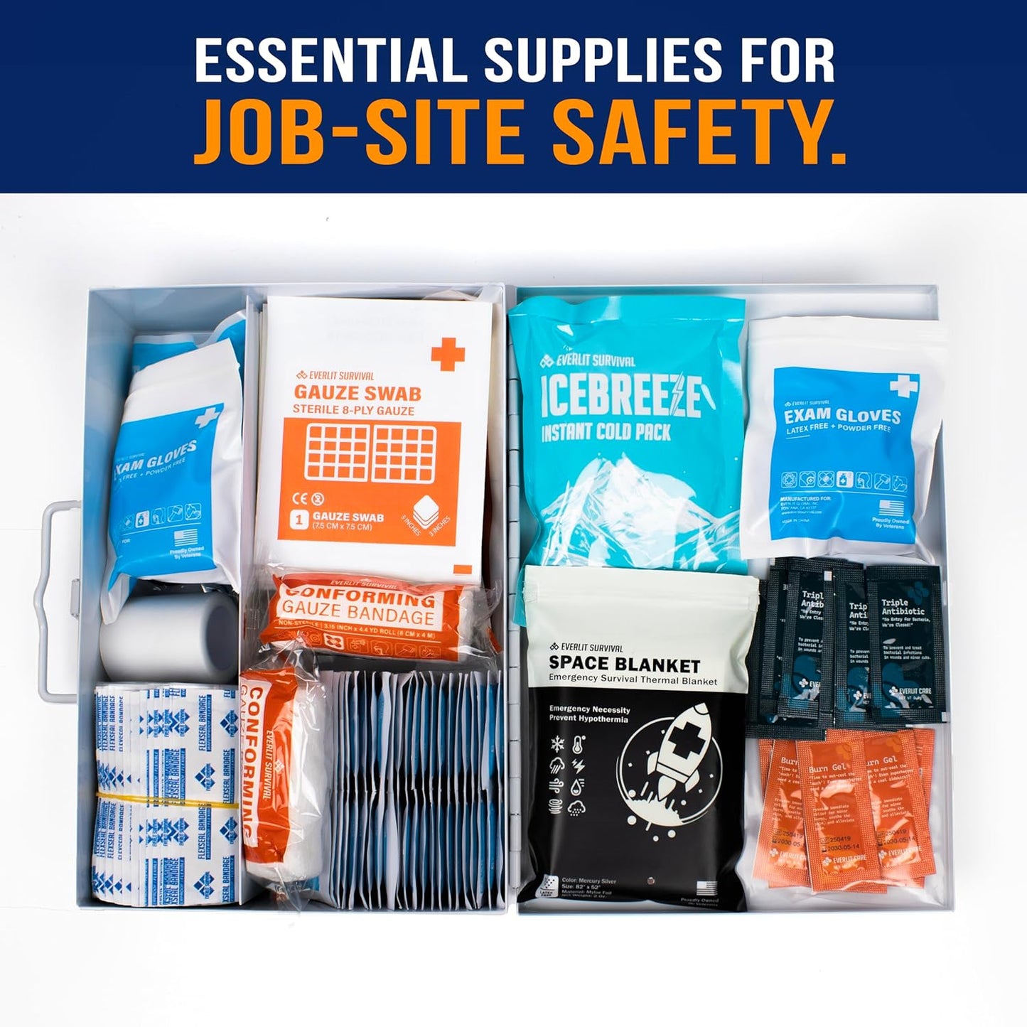 EVERLIT 185 Pcs Metal First Aid Kit for Contractors, Construction Site, OSHA Compliant, Workshop, Business, Commercial Truck Vehicle DOT, Wall Mount Box, All-Purpose