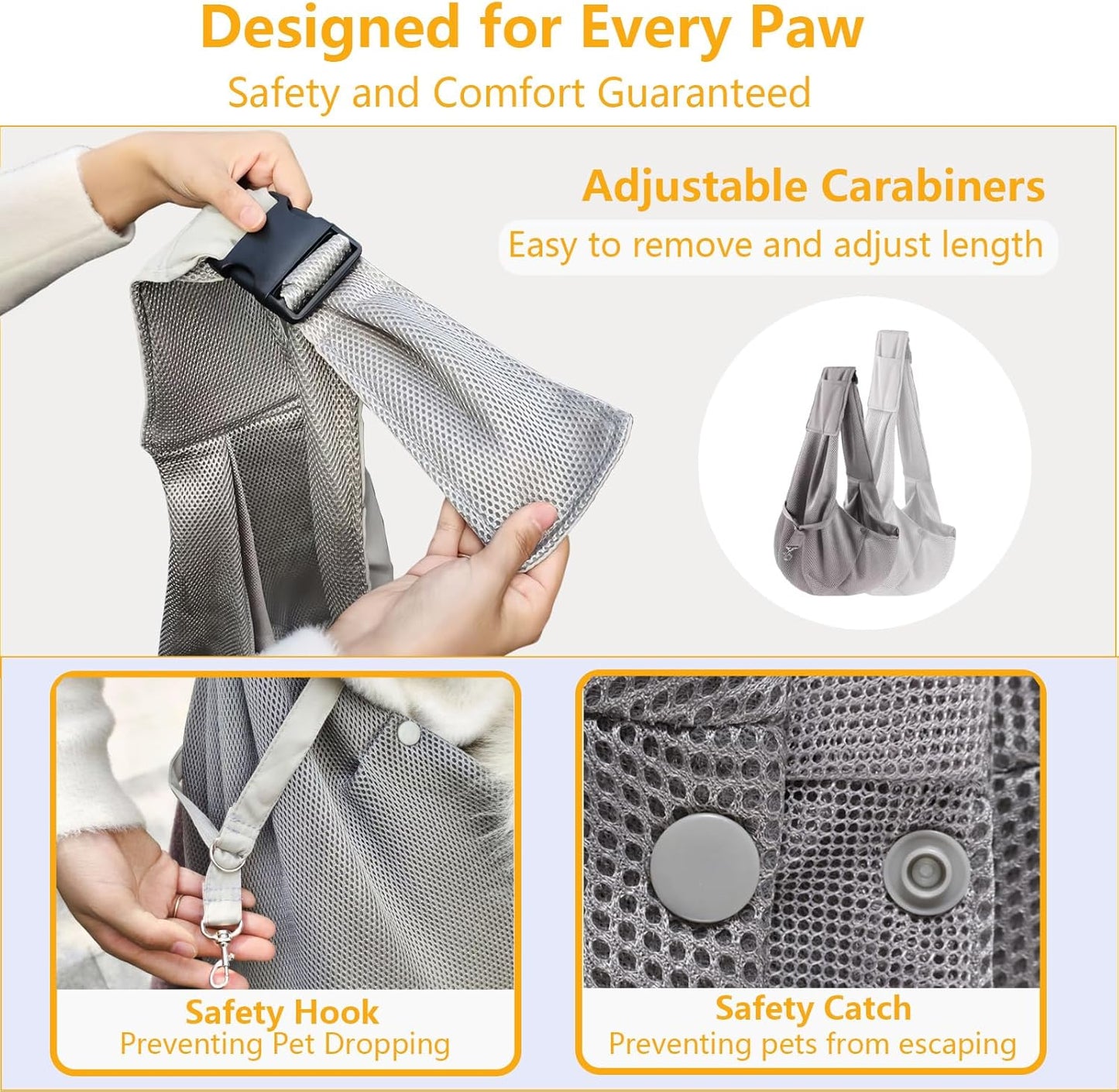 Small Dog Sling,Triple-Layer Breathable Mesh Dog Slings for Small Dogs,Suitable for Small Dogs and Cats,with Adjustable Shoulder Strap and Safety Harness,Puppy Essentials,Grey