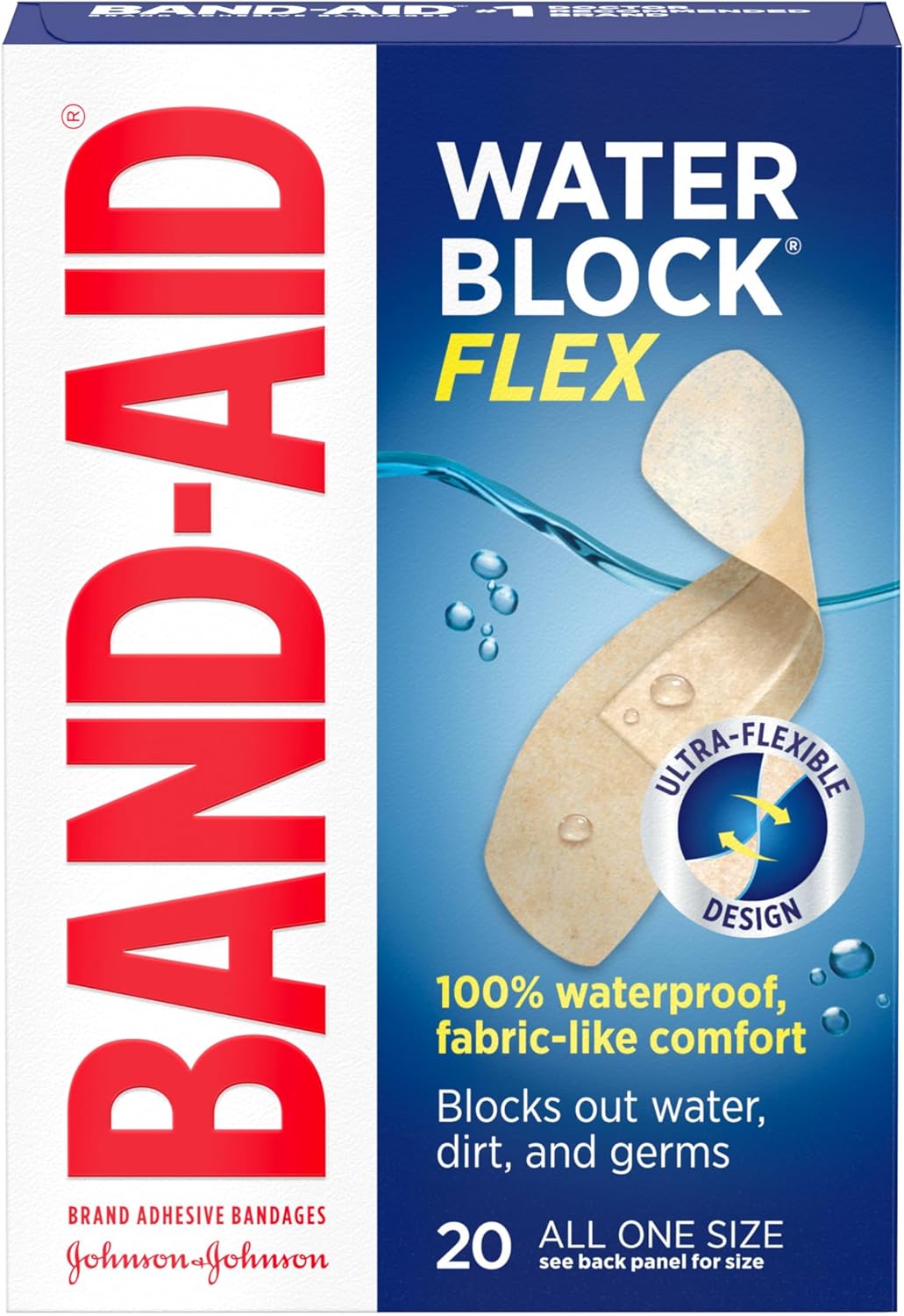 BAND-AID Brand Water Block Flex 100% Waterproof Adhesive Bandages for First-Aid Wound Care of Minor Cuts, Scrapes & Wounds, Ultra-Flexible Design, Sterile, All One Size, 20 ct