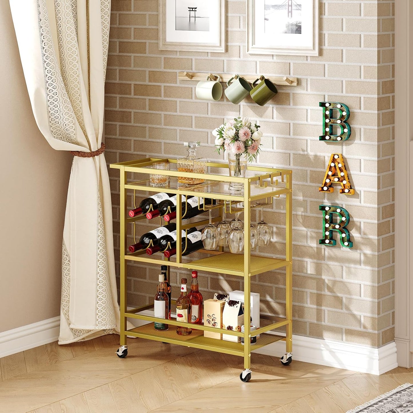 Bar Cart for Home, 3-Tier Serving Cart with Wheels and Handle, Beverage Cart with Wine Rack and Glass Holders, Rolling Wine Cart for Kitchen, Dining Room, Gold RCJ61B01