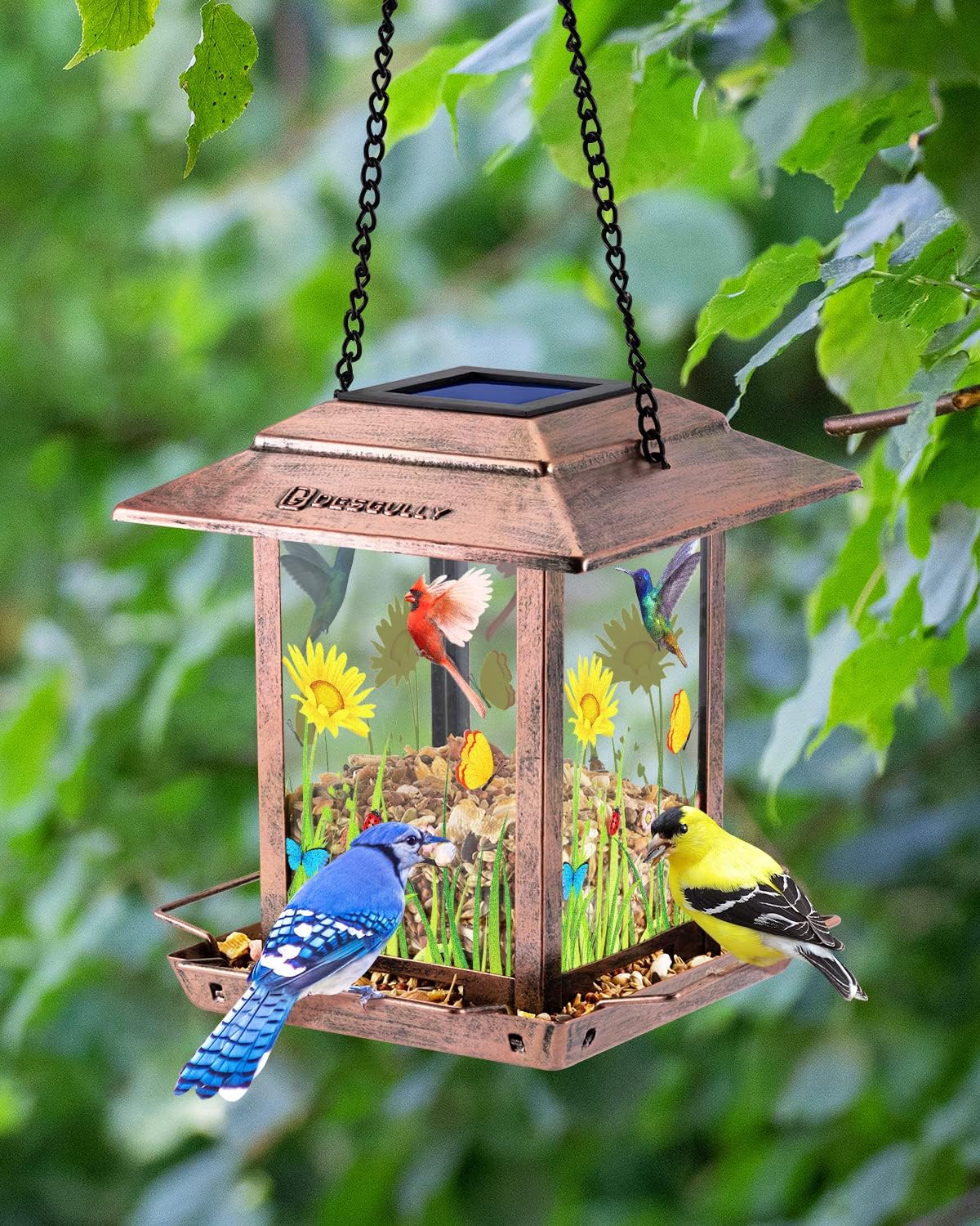 Solar Bird Feeders for Outdoors - 2.5 LBs Metal Wild Large & Small Bird Feeder for Outside Hanging, Gift Ideas for Avian Enthusiast Garden Yard Seeds (Chew-Proof, Weather Resistance)