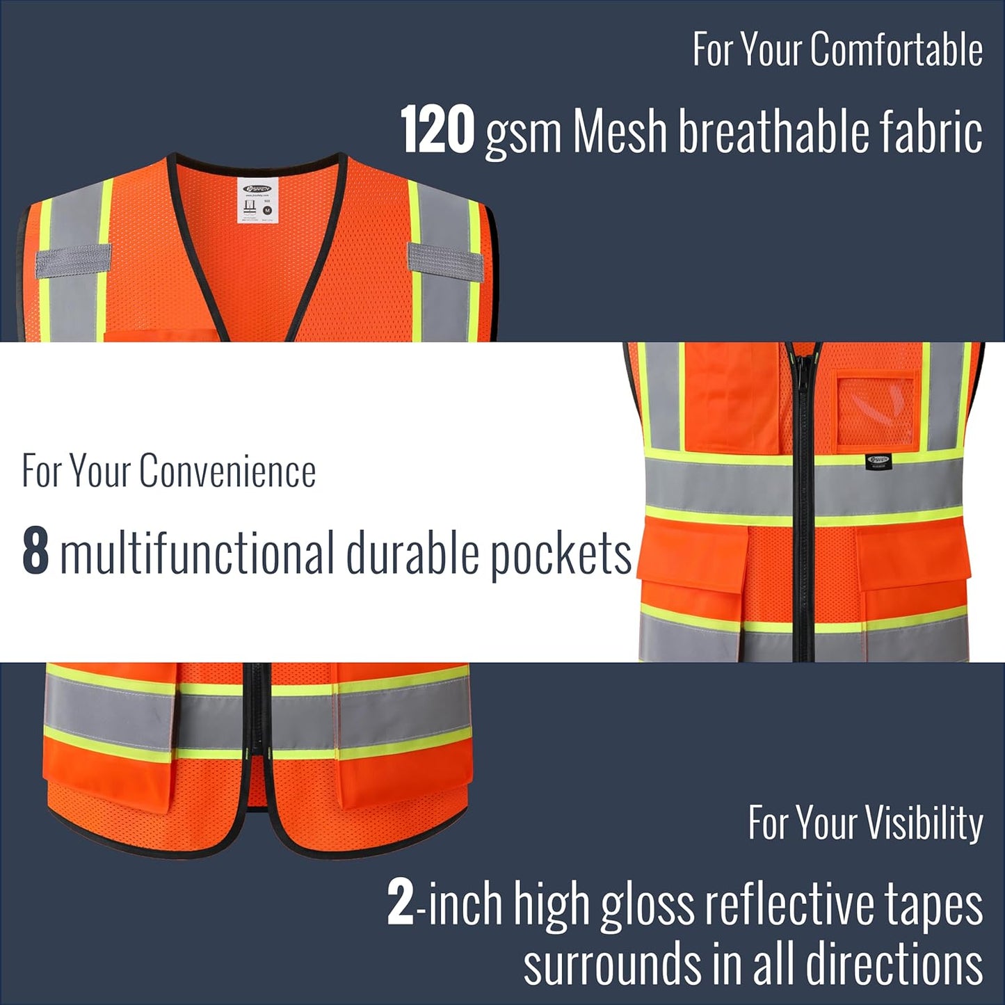JKSafety Safety Vest for men women Hi Vis Vest with Pockets and Zipper Class 2 High Visibility Meet ANSI Standard（BX320