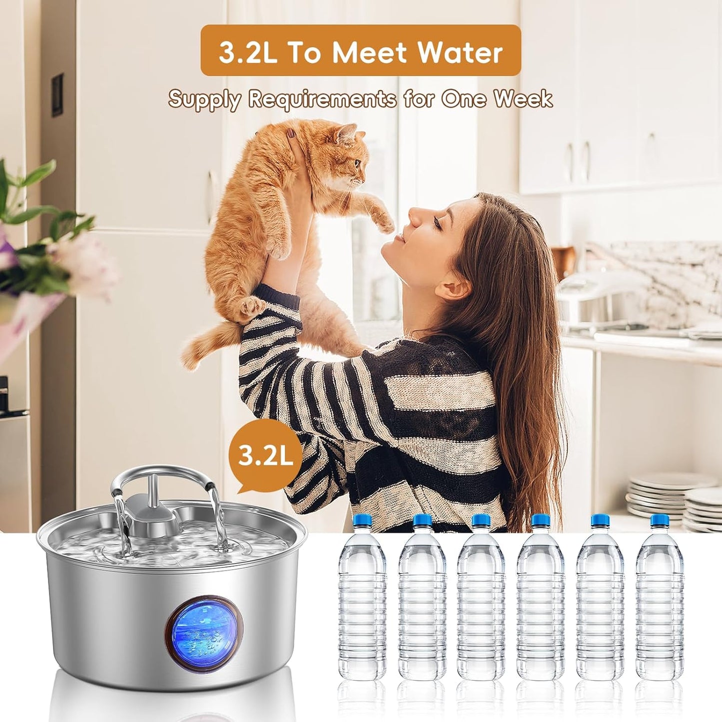 Tomxcute Cat Water Fountain Stainless Steel - 108oz/3.2L Cat Fountain for Drinking,Cat Drinking Fountain with Water Level Window,Smart Pump, Filters for Cats, Dogs, Multiple Pets