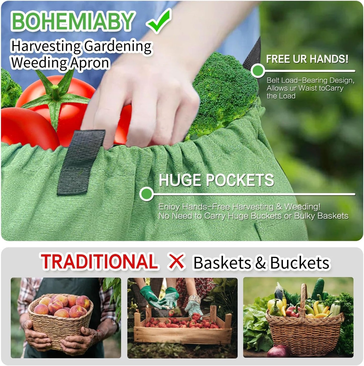 Gardening Apron Harvest Apron with Pockets, Green Garden Apron, Adjustable Waist Belt