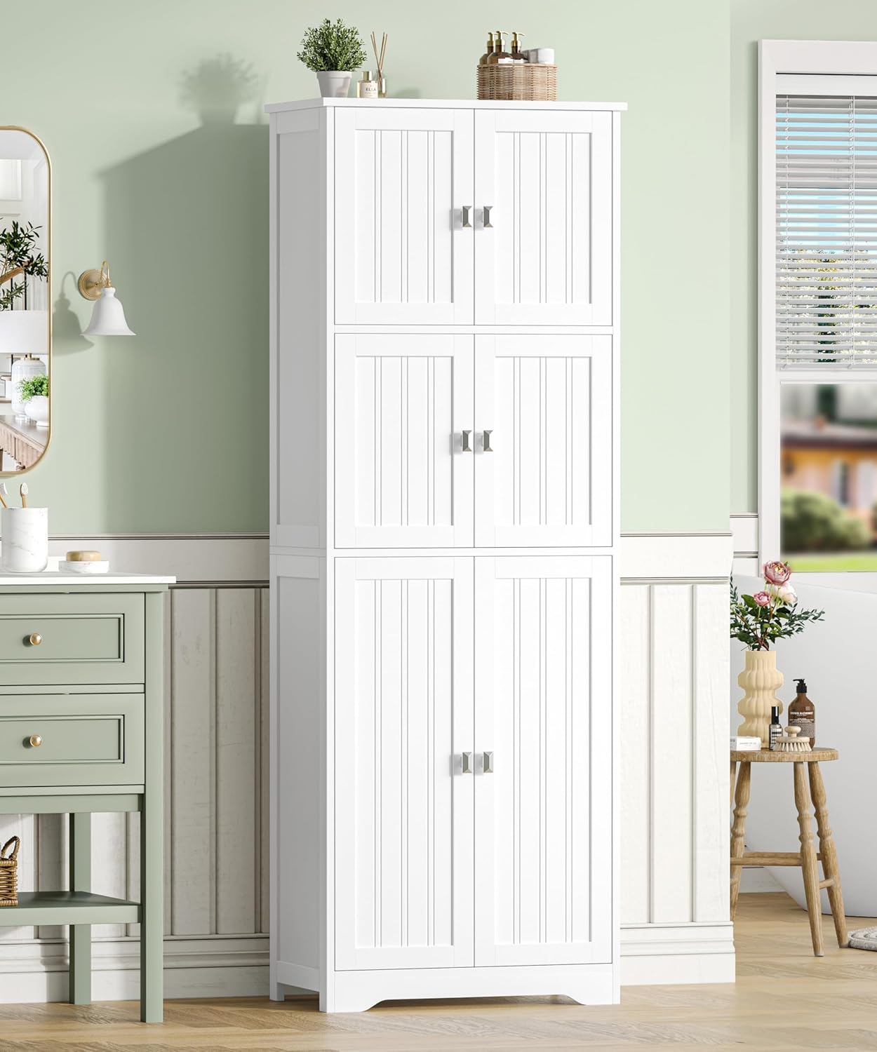 63" H Tall Bathroom Storage Cabinet, Linen Floor Cabinet with 6 Doors and Adjustable Shelves, Pantry Storage Cabinet for Bathroom, Living Room, Laundry Room, Kitchen, White