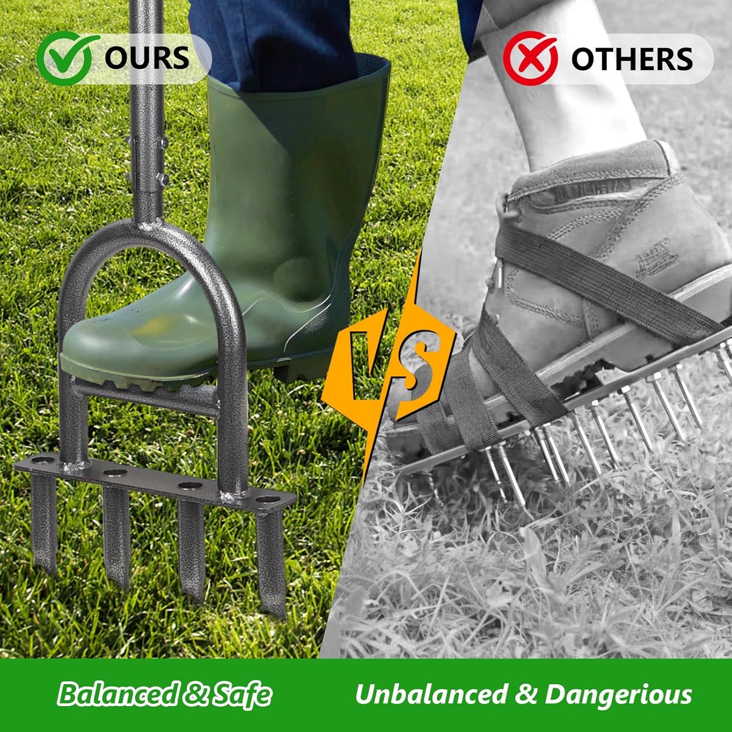 2-in-1 Lawn Aerator Tool, Foot-Operated Weed Puller & Core Aerator 4 Hollow Tines with Adjustable Height, Heavy-Duty Anti-Rust Carbon Steel for Compacted Soil Aeration, Garden Lawn Care
