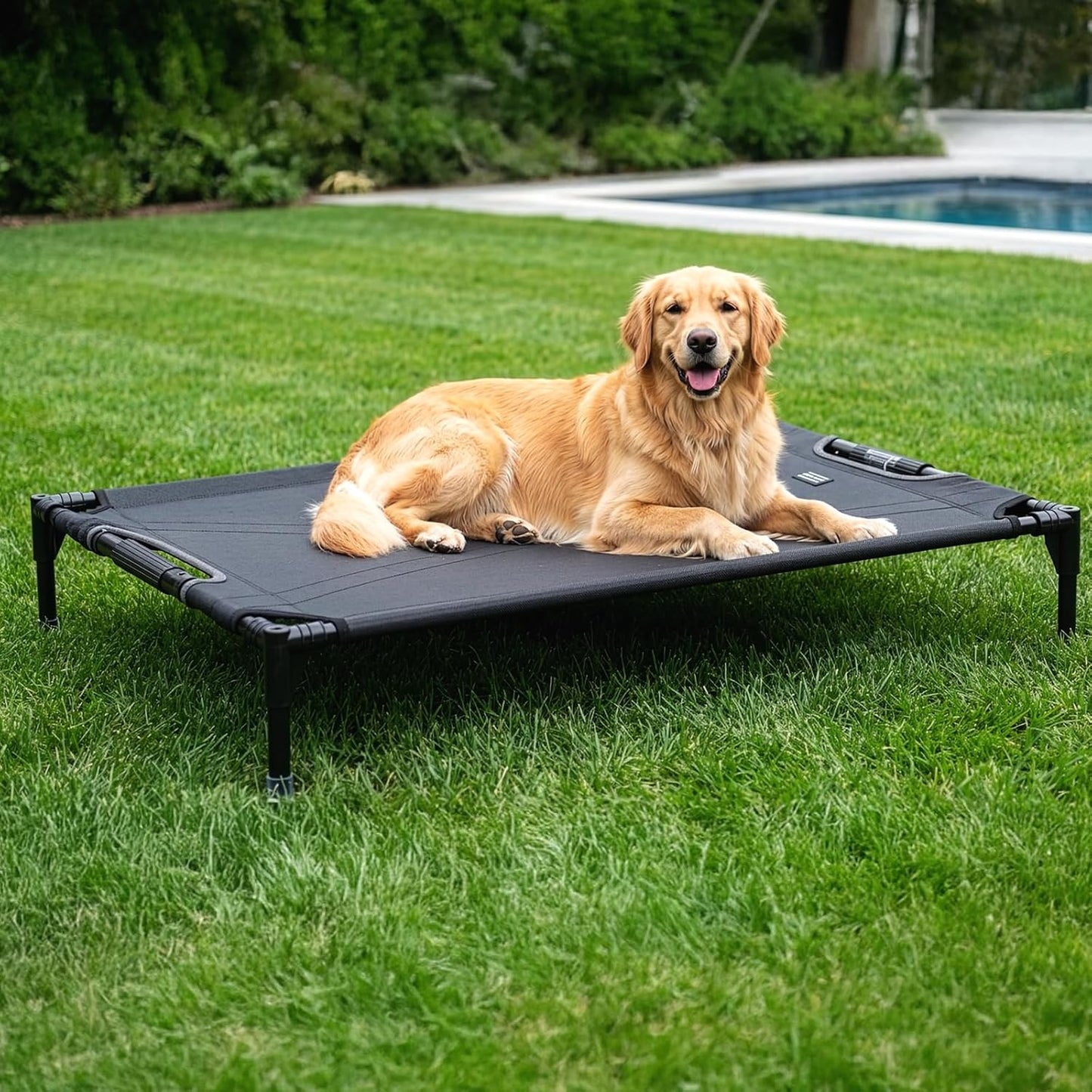 Petsfit Cooling Elevated Raised Dog Bed- Outdoor Pet Cot for Large Dogs, Upgraded Adjustable Firmness Pet Bed，Dog Hammock Bed with Durable Breathable Teslin Mesh，Non Slip, Black 48”
