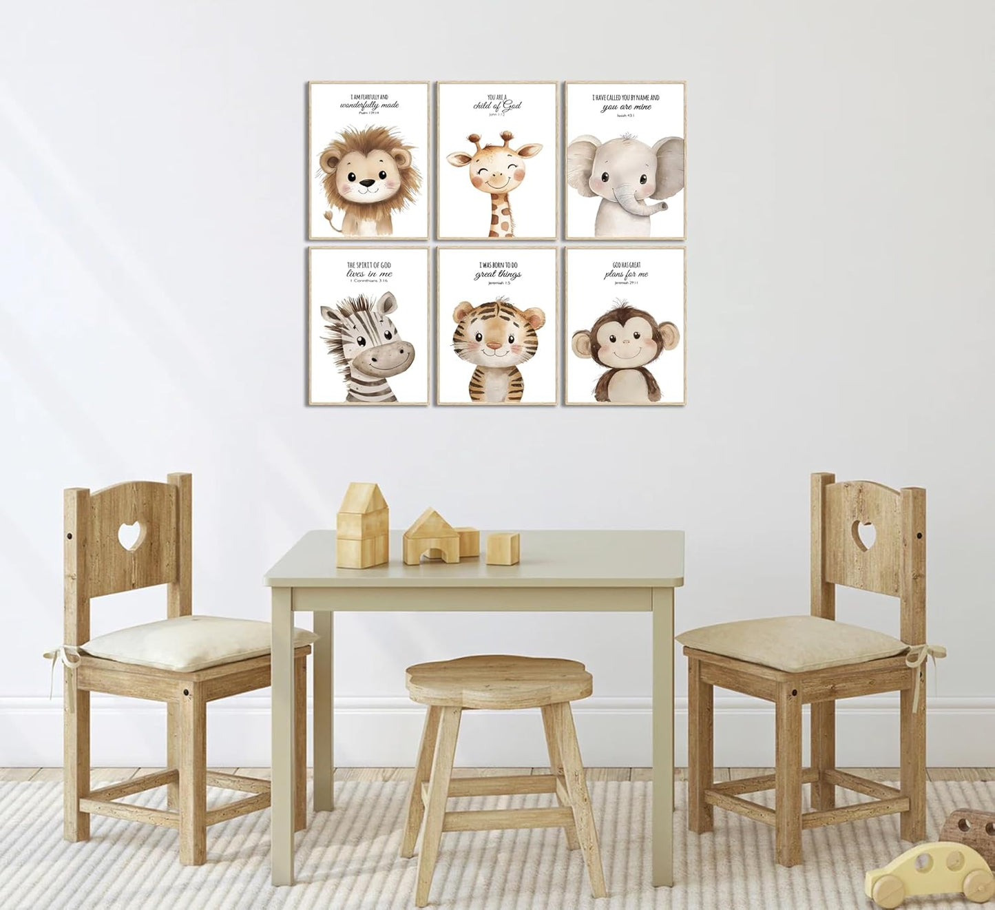 6Pcs Nursery Bible Verse Animal Wall Art Cute Woodland Animals Christian Picture Wall Decor Lions Elephant Giraffe Poster Print Artwork for Classroom BabyBedroom Boys Girls Home Decoration Unframed