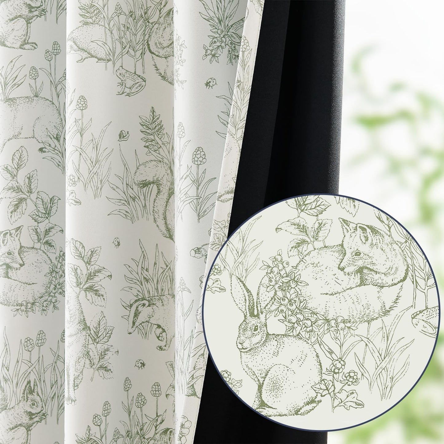 JINCHAN 95% Blackout Nursery Curtains 84 Inches Long, Bunny Woodland Toile Easter Decor Curtains Sage Green on Beige Animal Printed Drapes Bedroom Spring Decoration Farmhouse Window Treatment 2 Panels