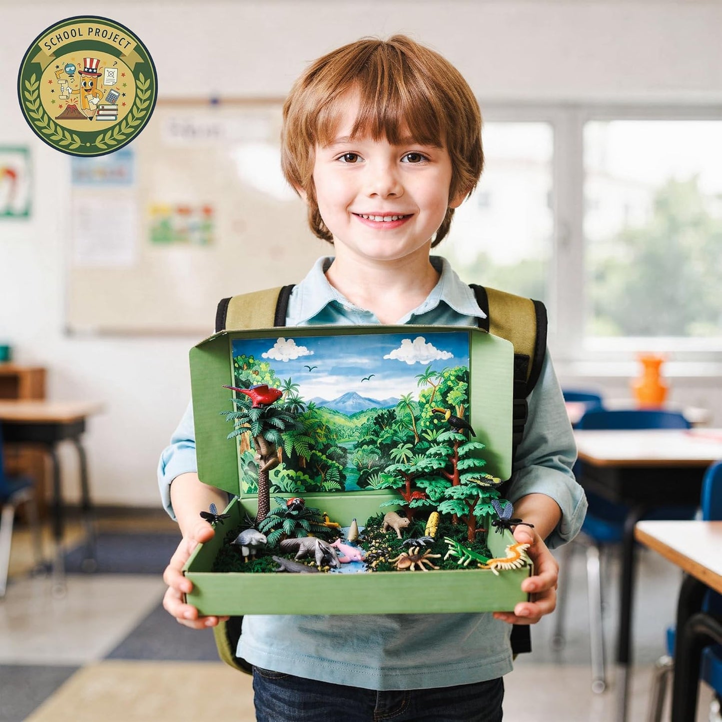 33PCS Rainforest Animals Figures Toys Set, Diorama Project Supplies Include Tropical Jungle Figurines Trees Moss Sand Stones Display Box for Kids Science School DIY