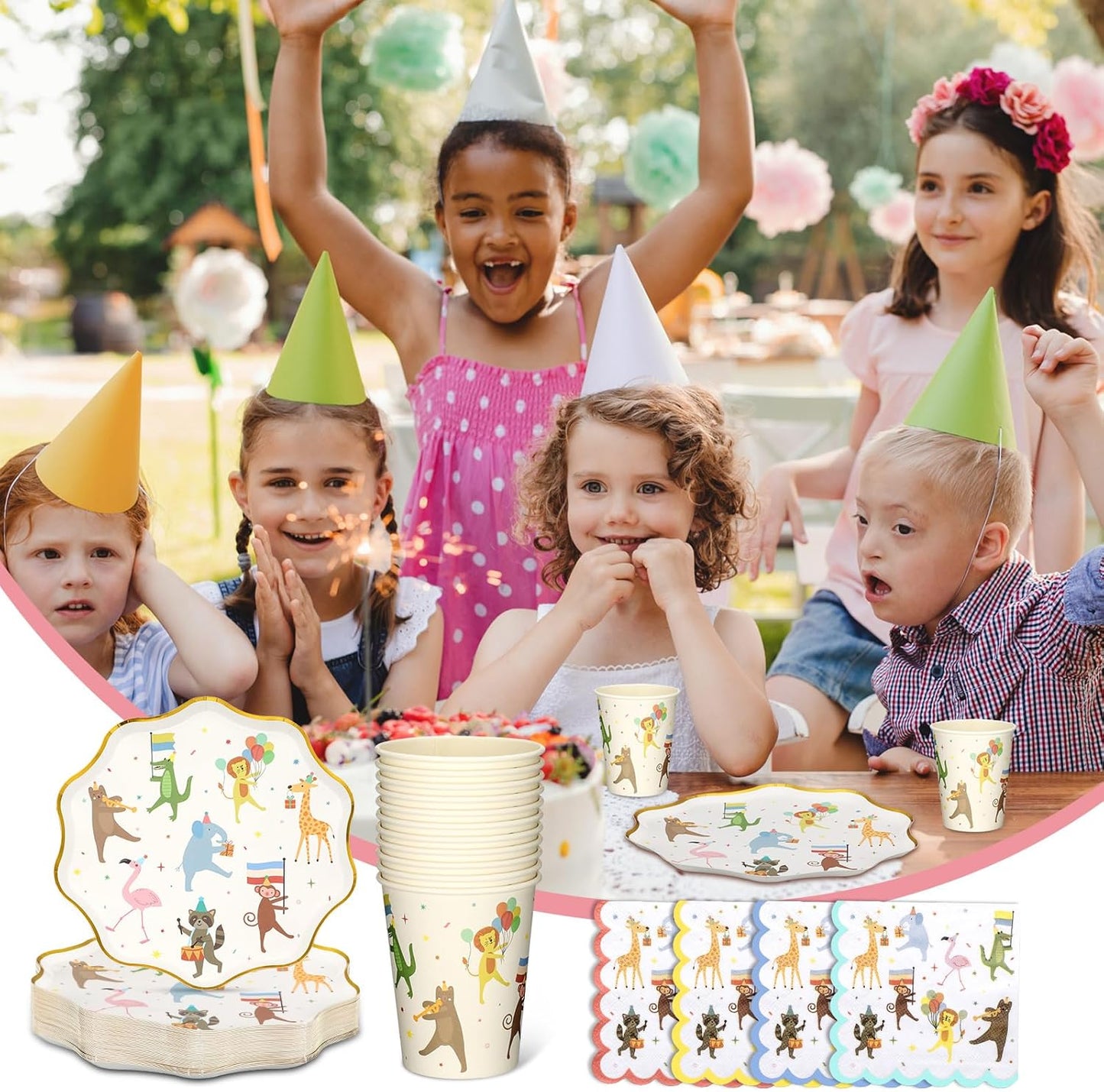 150 Pcs Animal Parade Party Supplies Paper Plates and Napkins Cups Cute Disposable Animal Parade Tableware Set for Birthday Party Decorations, Serve 50 Guests
