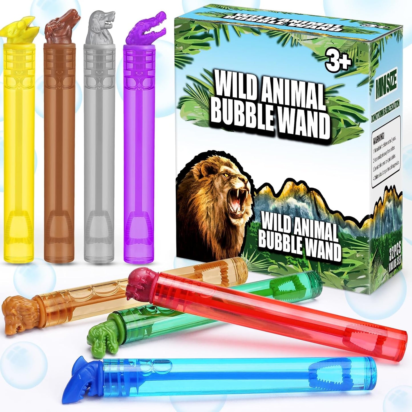 32 Pack Wild Animal Party Favors for Kids, Mini Bubble Wands Bulk Toys, Jungle Birthday Decoration, Safari Goodie Bag, Pinata Stuffer Supplies, Zoo Prizes Box Filler, Lion/Dog Return Gifts for Toddler