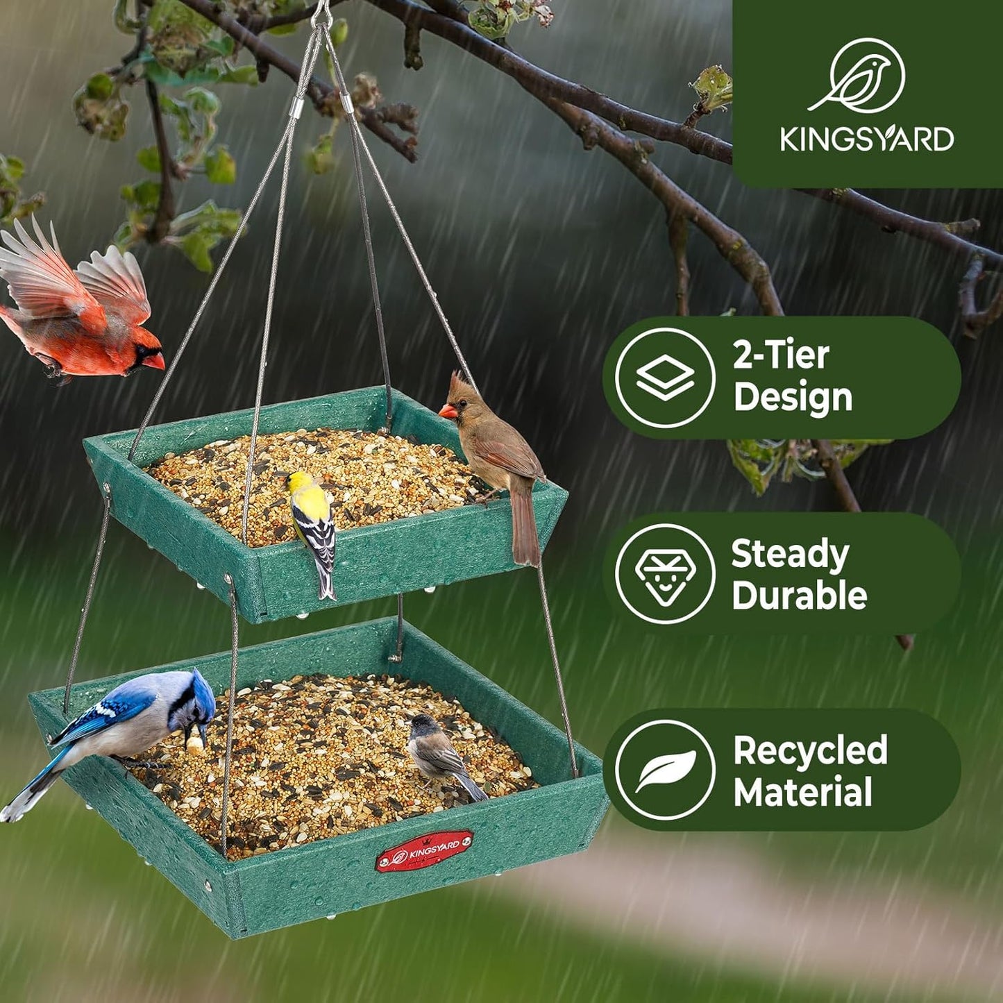Kingsyard 2 Tier Large Platform Bird Feeders for Outdoors Hanging, 5 lbs Capacity Recycled Plastic Flat Mealworm Bird Feeder Tray, Garden Decoration Attracting Cardinal Blue Jay, Green