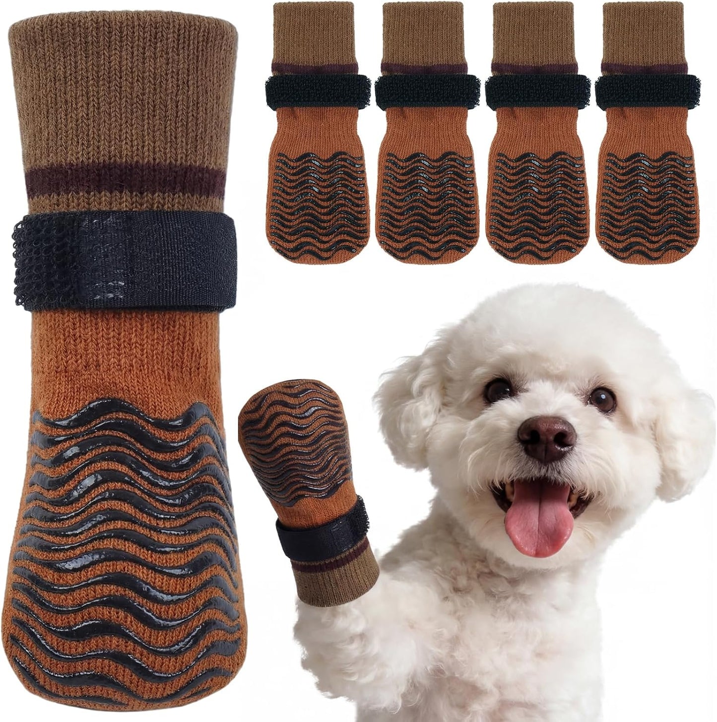 Kuoser Non Slip Dog Socks for Hardwood Floors, Anti-Slip Dog Grippy Socks to Prevent Licking Paws, Double-Sided Traction Dogs Booties Paw Protectors for Small Medium Large Senior Dogs, 4 Pack-Brown XS