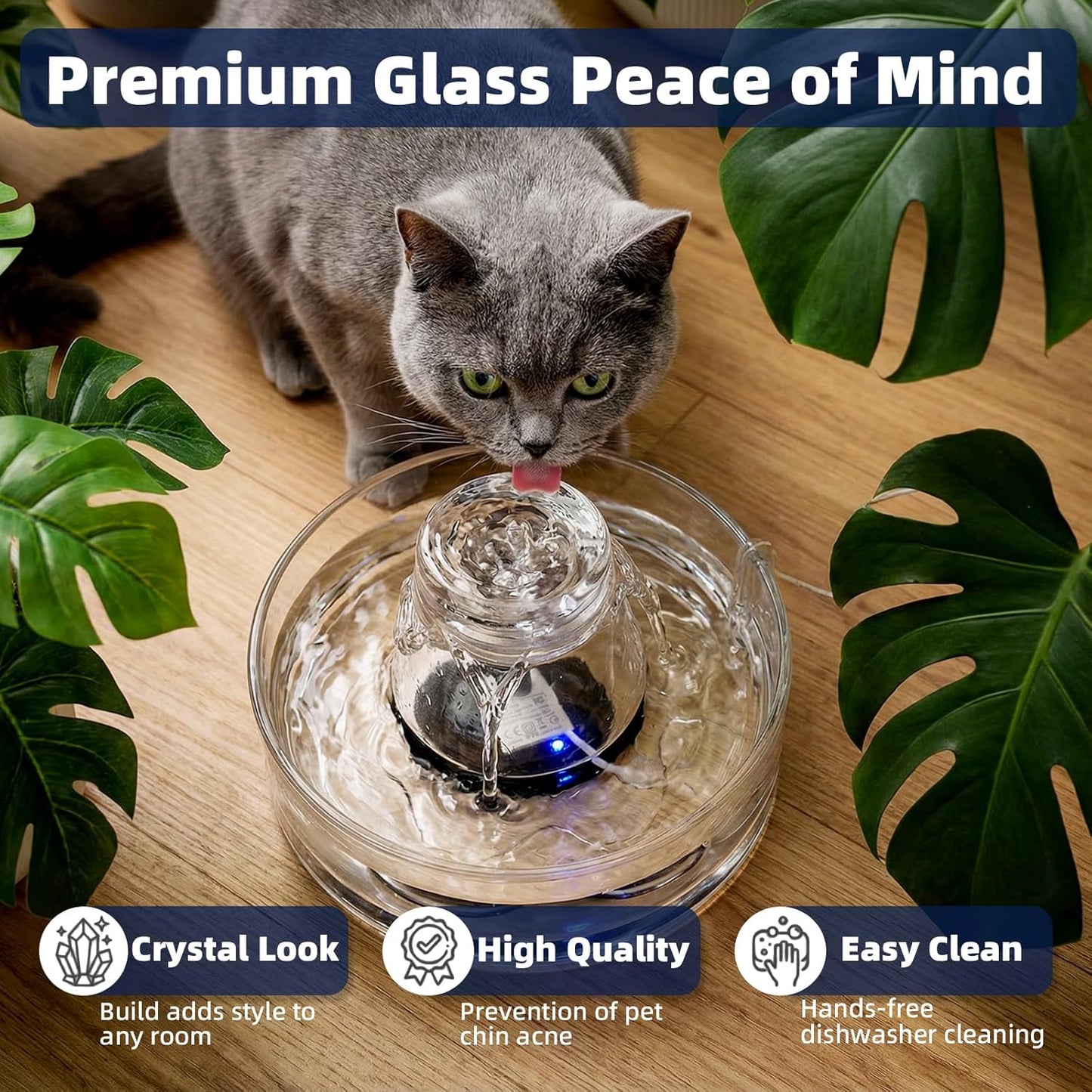 Glass Cat Water Fountain 88oz/2.6L, Cat & Dog Water Fountain for Drinking, Ultra-Quiet Glass Water Fountain for Cats Indoor, Pet Water Fountain for Multi-Cat Homes, Automatic Water Dispenser for Cats