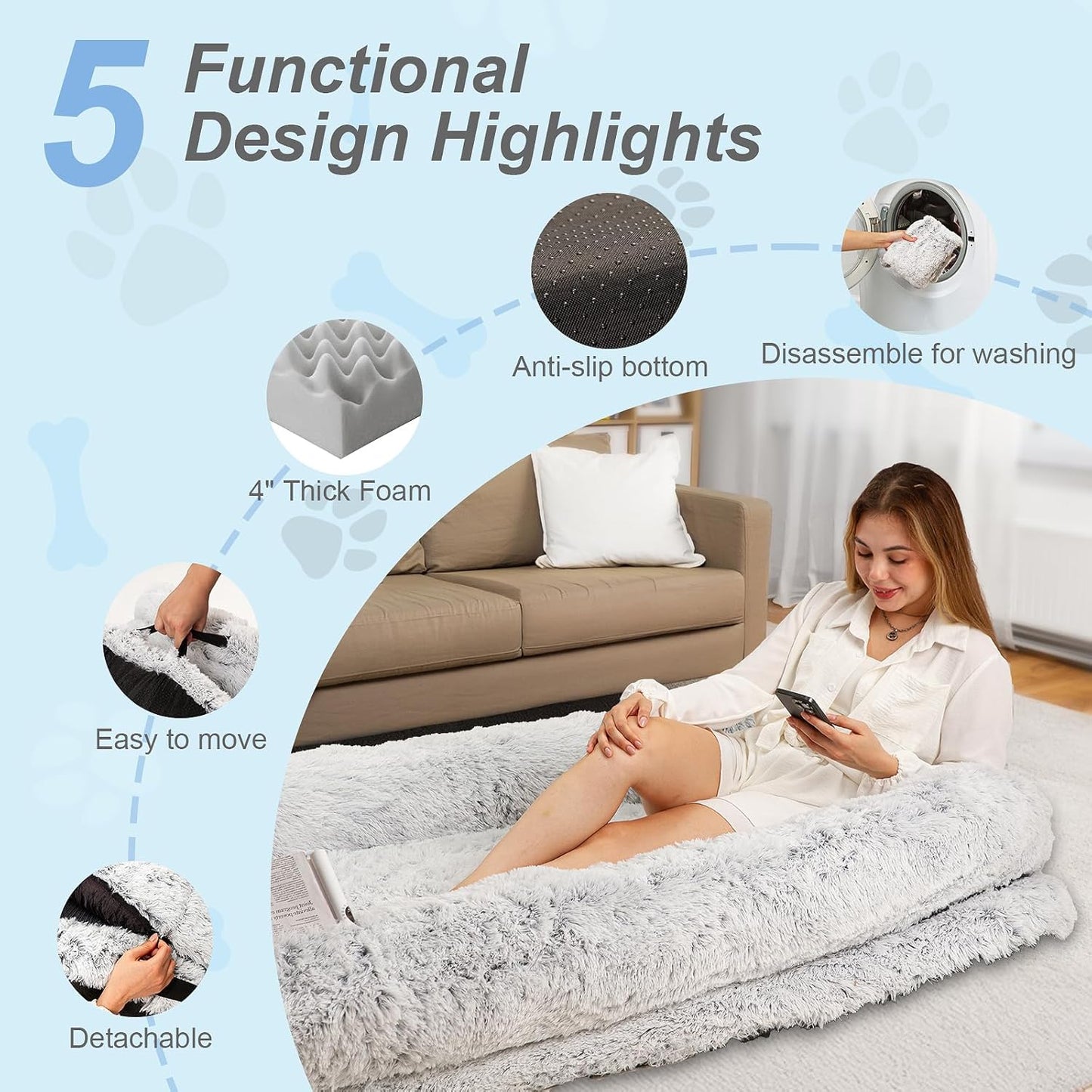 Human Dog Bed XL 79"x44"x12.5" - Shared Orthopedic Dog Bed for Adults & Pets, Large Size Faux Fur Pet Bed, Removable Washable Cover, Light Grey