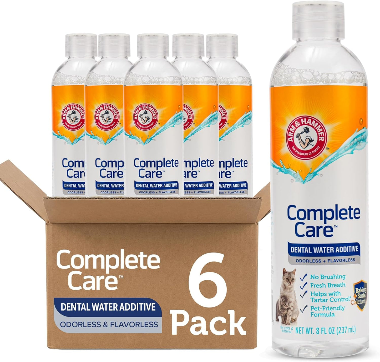 Arm & Hammer Complete Care Dental Water Additive for Cats, Cat Breath Freshener, Cat Mouth Wash or Dental Rinse, Simply Add to Pet Drinking Water for Fresher Breath, Value Size 8 FL OZ - 6 Pack