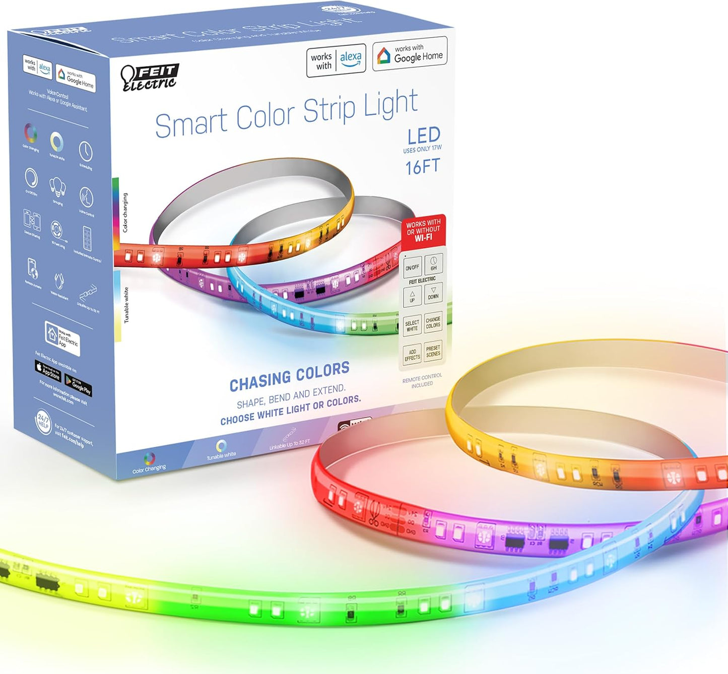 Feit Electric Smart Light Strip 16FT, Ultrathin RGBW Color Chasing LED Light Strip, 2.4GHz Wi-Fi Enabled, Works with Alexa and Google Home Assistant, Remote Control, (0.4in x 192in) TAPE192/CHASE/AG