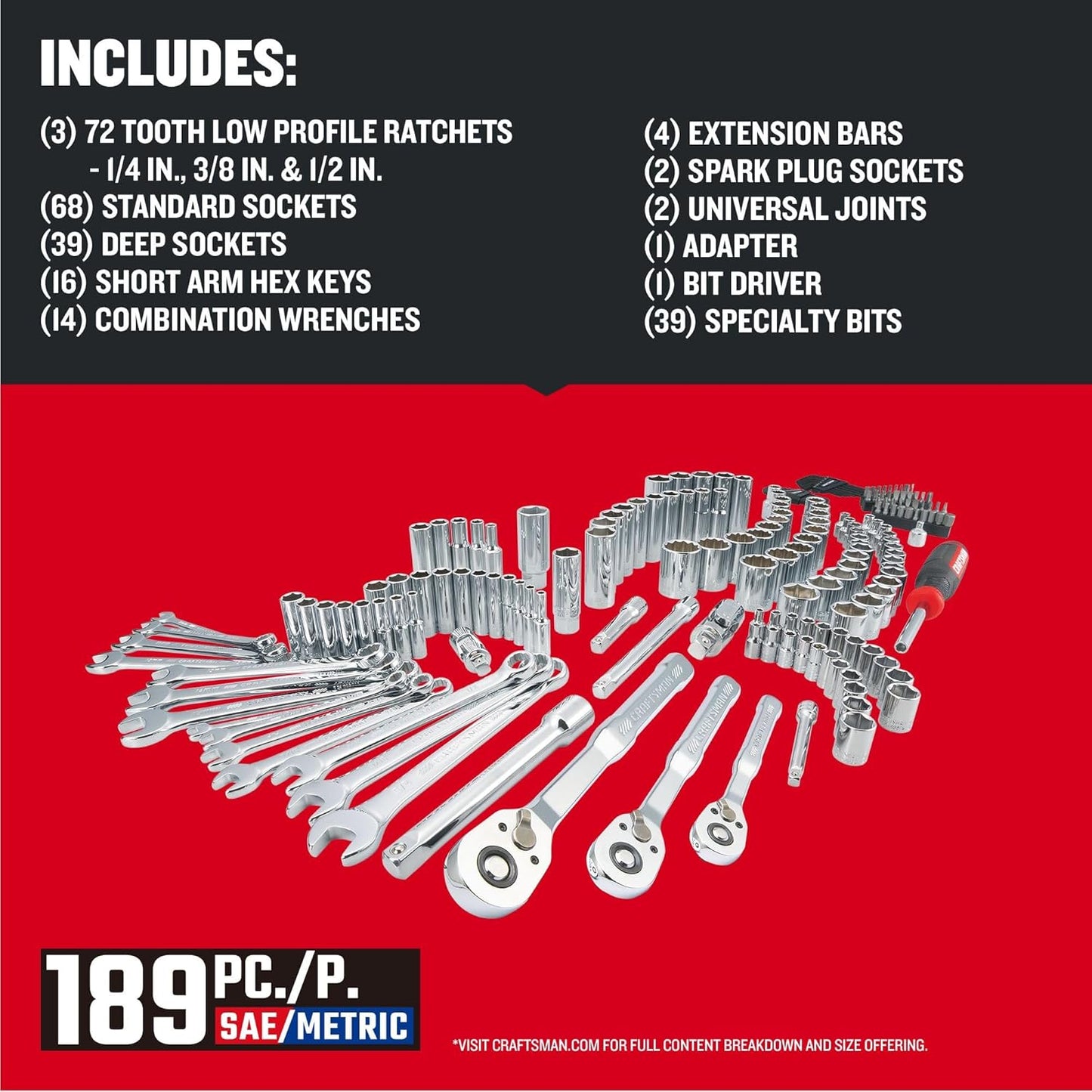 CRAFTSMAN Tool Set, 189 Piece Mechanics Tool Set, 1/4 ,3/8and 1/2 Inch Drive Socket Wrench Set with Thinner Ratchet, Steel 6 and 12point Sockets, Wrenches, Hex Keys and Specialty Bits (CMMT12134)