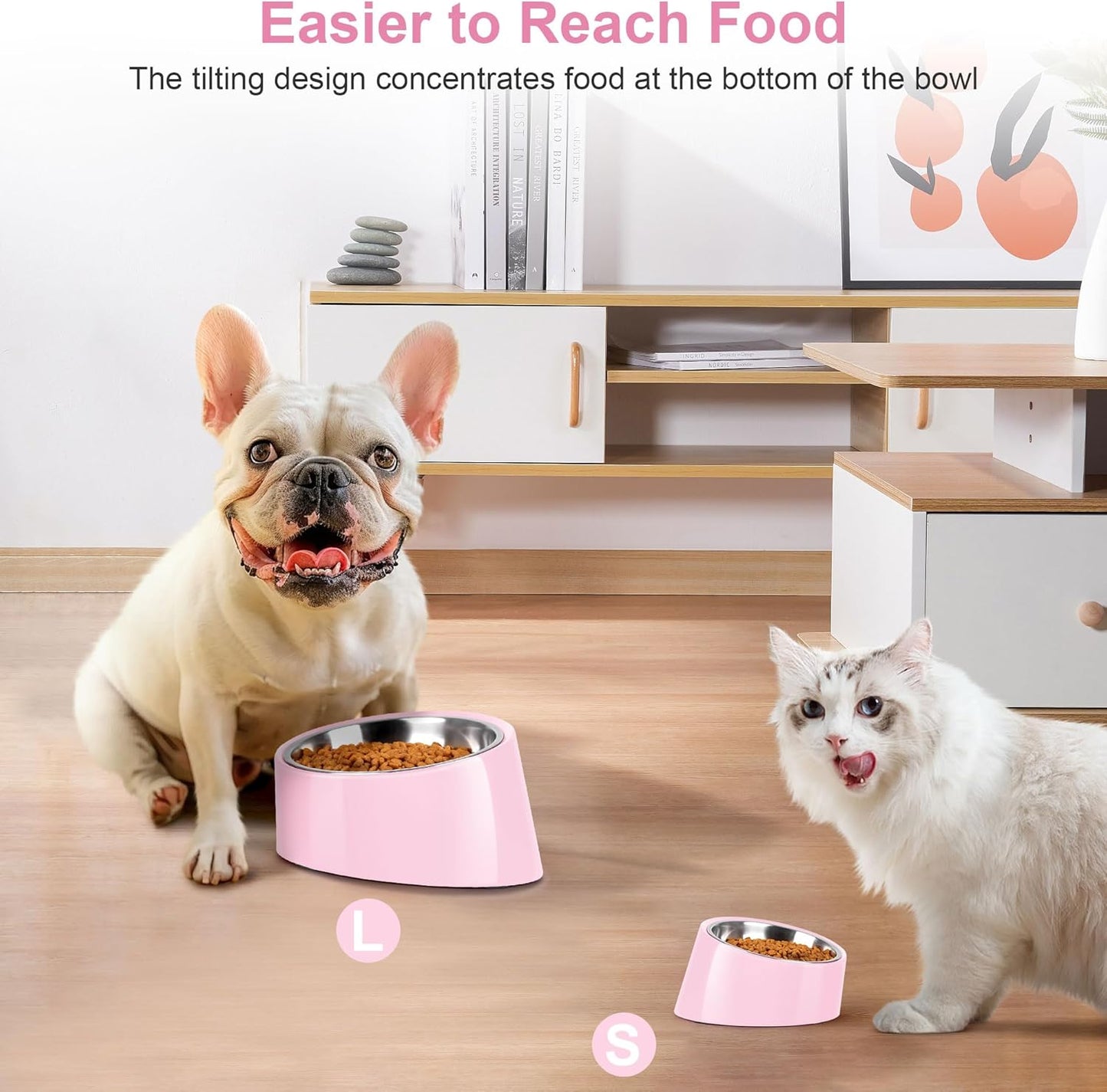 Tilted Dog Bowl Non-Slip & Non-Spill Pet Feeder with Elevated Detachable Melamine Stand, Easy to Get Food Dog Dish, M/180ml Pink