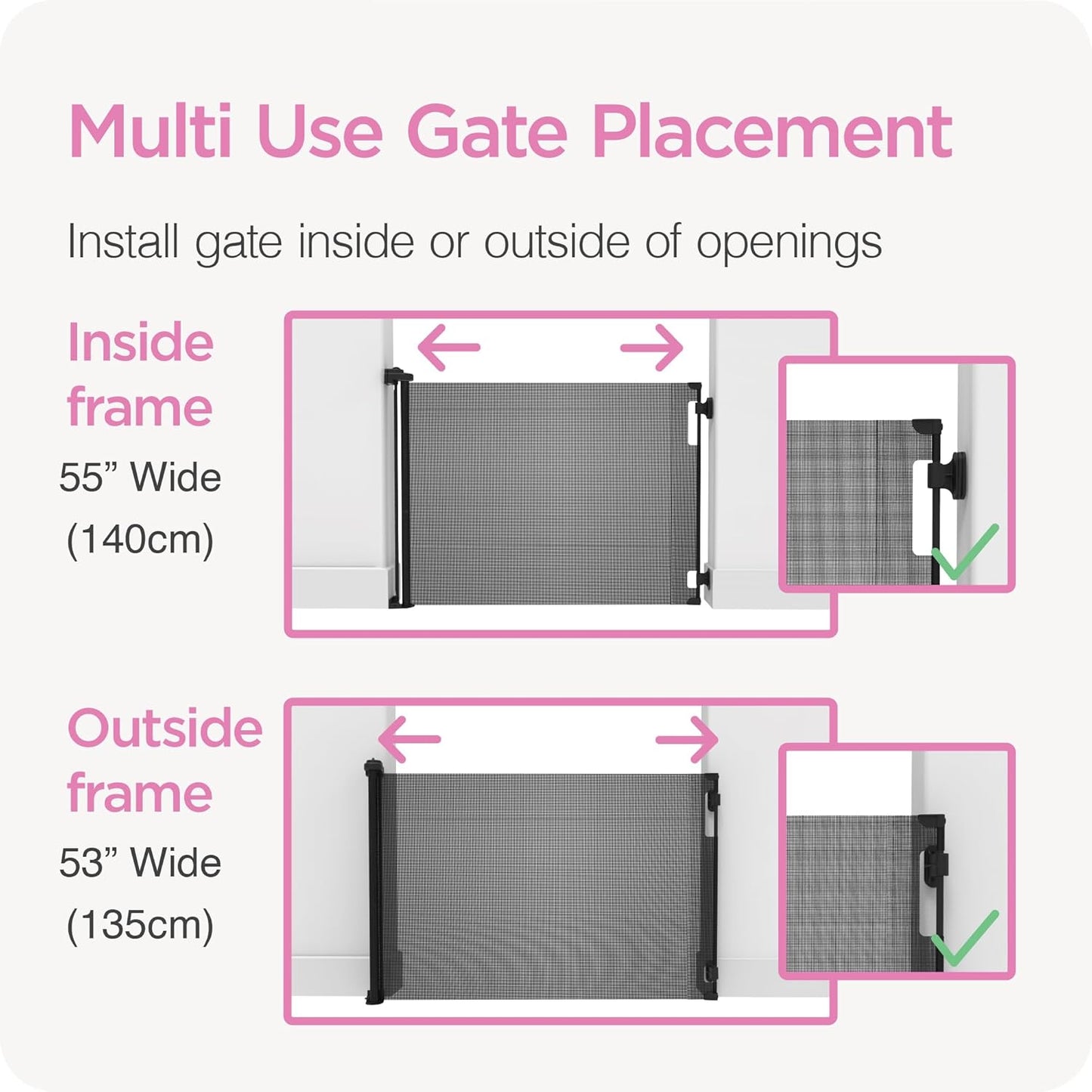 Retractable Baby Gate Perma Child Safety 33" Tall x 55” Wide, Mesh, for Stairs, Doorways, Dogs, Pets, Indoor, Outdoor, One-Handed Operation, Locking, Easy Install, Hardware Mount, White