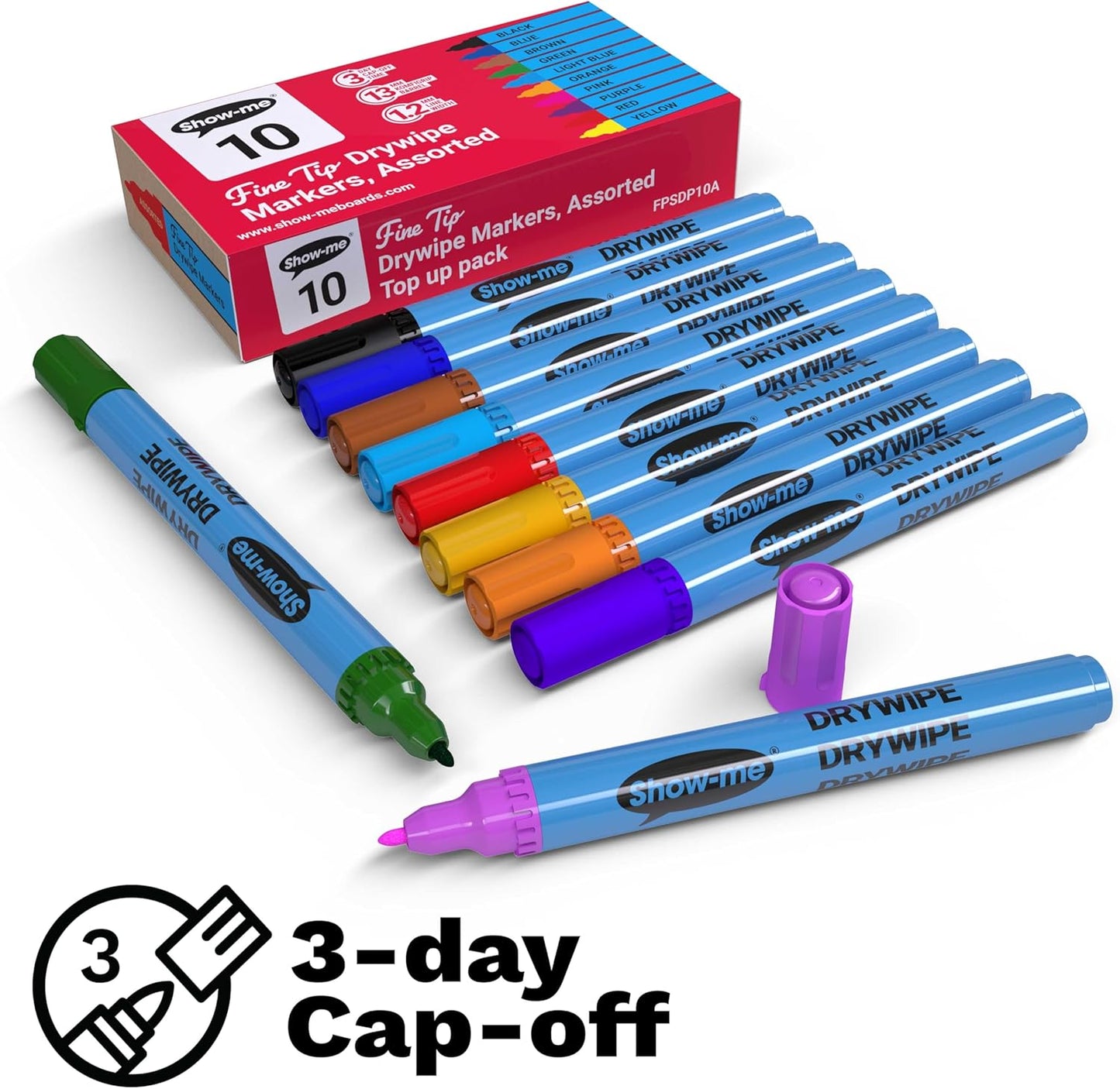 SHOW-ME Box 10 Fine Tip Slim Barrel Dry Erase Markers - Assorted Colours (FPSDP10A)