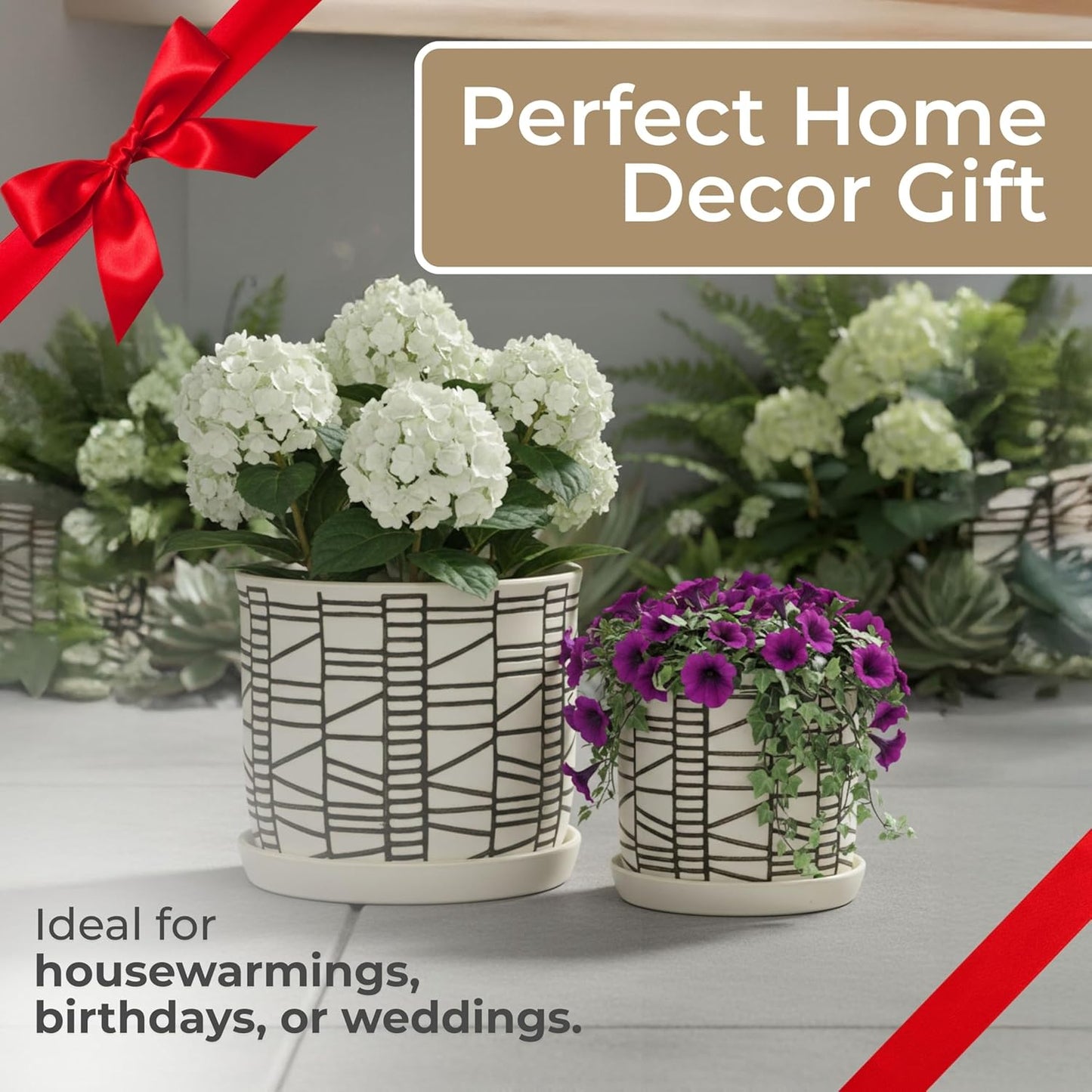 Set of 2 Geometric Decorative Ceramic Planter Pots with Saucer – Stoneware Outdoor & Indoor Plant Pots with Drainage – Modern Garden & Home Decor Ceramic Planters – 6" & 8", Ivory