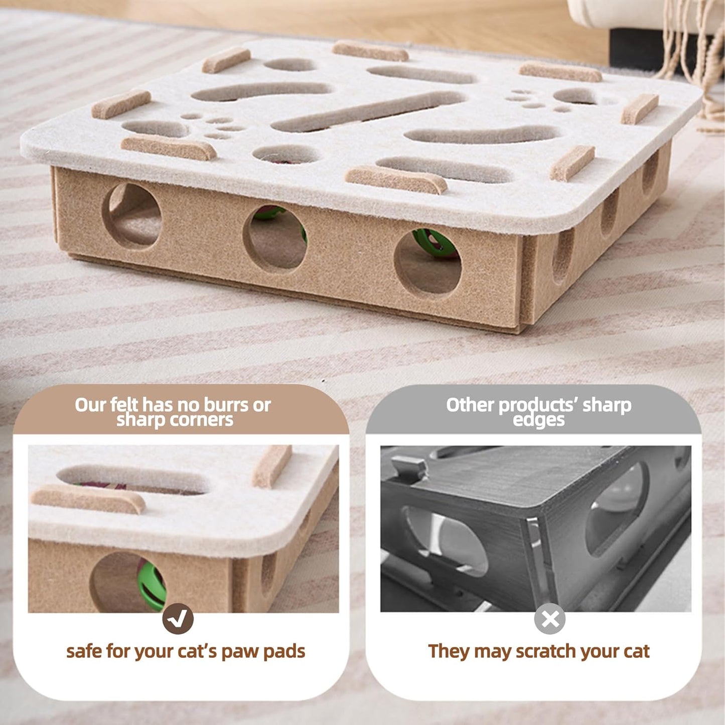Interactive Cat Puzzle Feeder Toy - Felt Maze Box with 3 Jingle Balls for Indoor Cats Kittens | Mental Stimulation, Slow Feeding, Fun Exercise & Natural Hunting Instincts