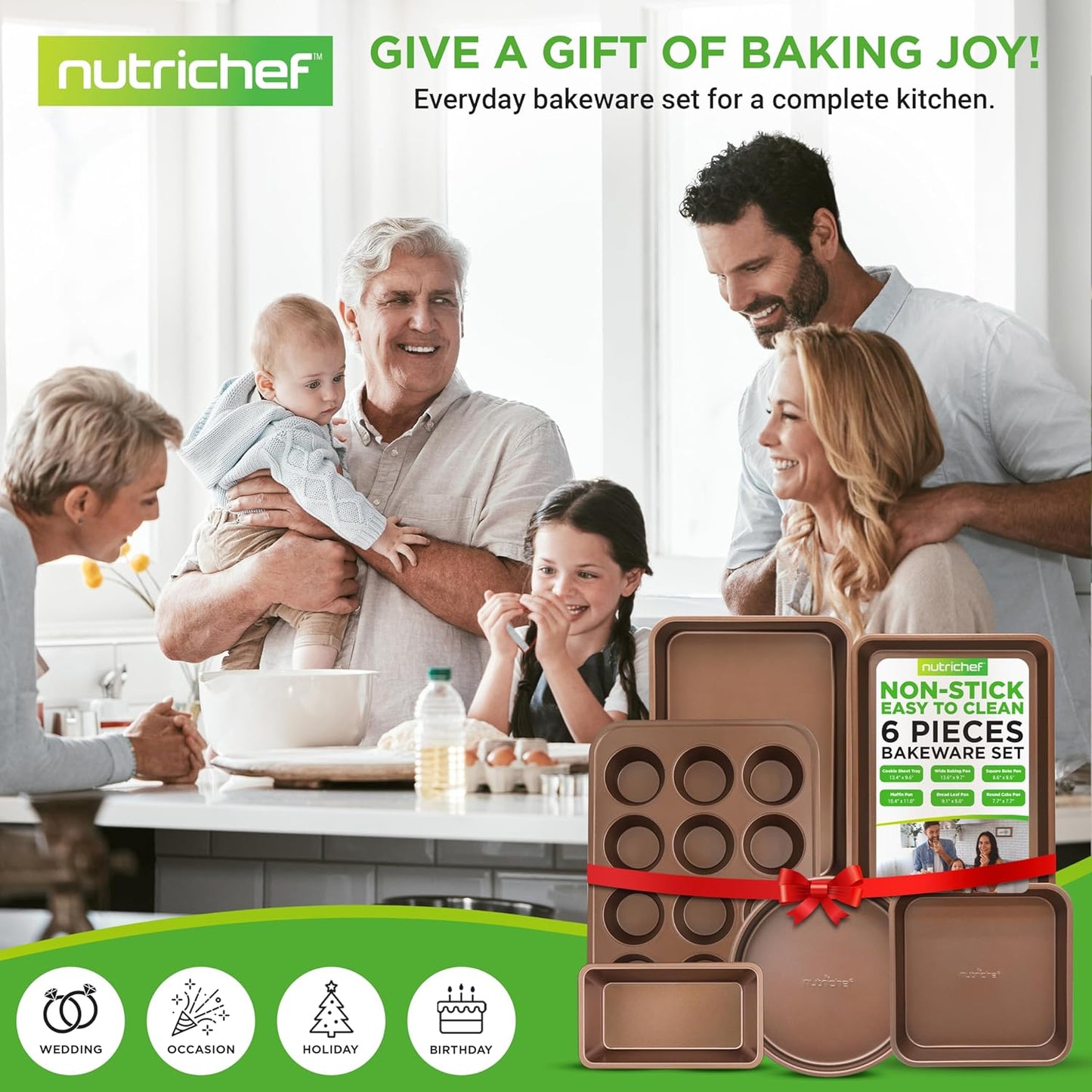NutriChef 6-Piece Nonstick Bakeware Set, Carbon Steel Baking Pans Set, Includes Cookie Sheets, Wide & Square Bake Pans, Bread Loaf & Round Cake Pan, Muffin Pan - Gold