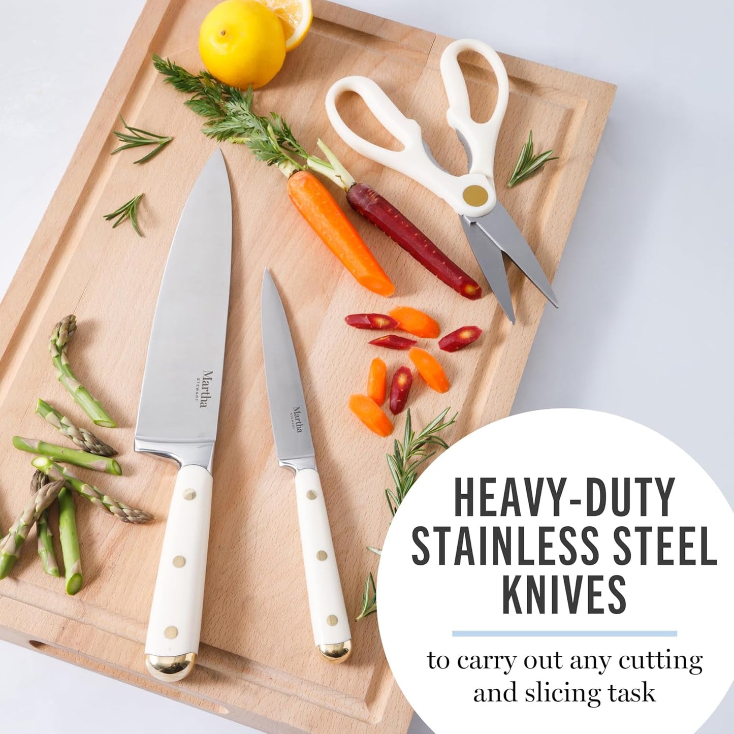 Martha Stewart 16 Piece Lockton High Carbon Stainless Steel Cutlery Kitchen Knife Block Set W/ABS Triple Riveted Forged Handle Acacia Wood Block - Linen White W/Gold