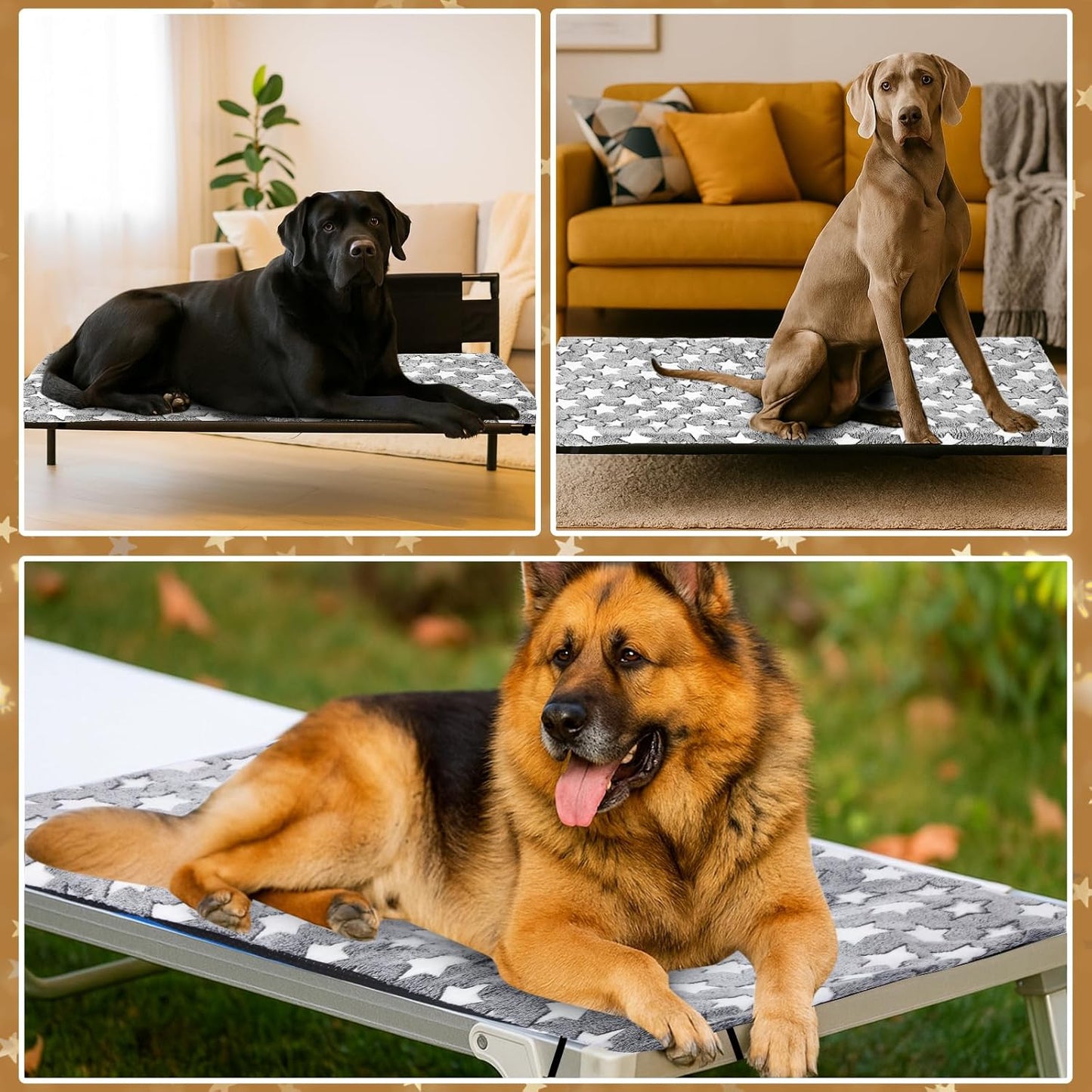 Large Self Warming Dog Bed Pad for Elevated Dog Bed Replacement Self Heating Warm Raised Cot Pad Mat with Corner Strap Removable Washable Soft Plush Cover Non-Slip Bottom Star(51 x 32 Inches)