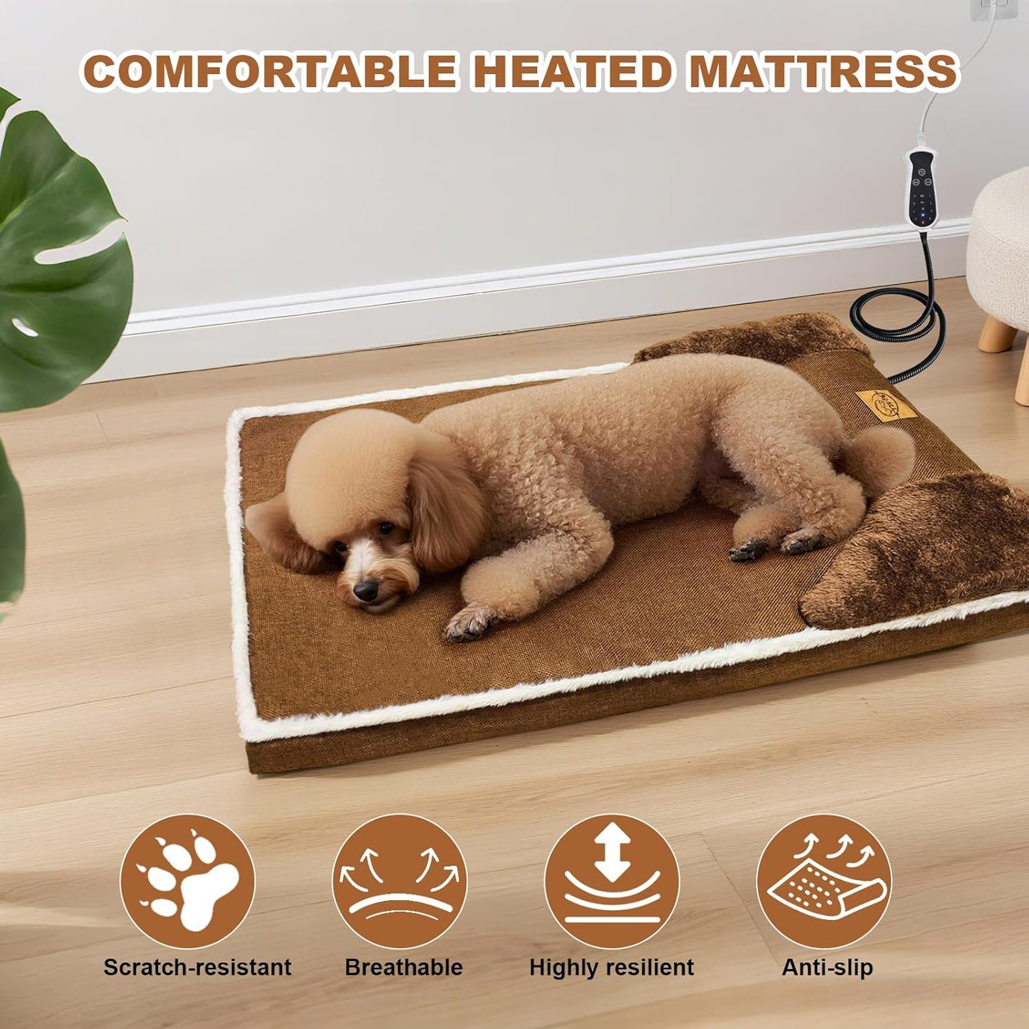 Heated Dog Bed, 30×20 Inch Memory Foam Pet Bed, Orthopedic Dog Bed with Timing Nine Gears Smart Switch for Small and Medium Dogs Soft, Removable Cotton Sleeve