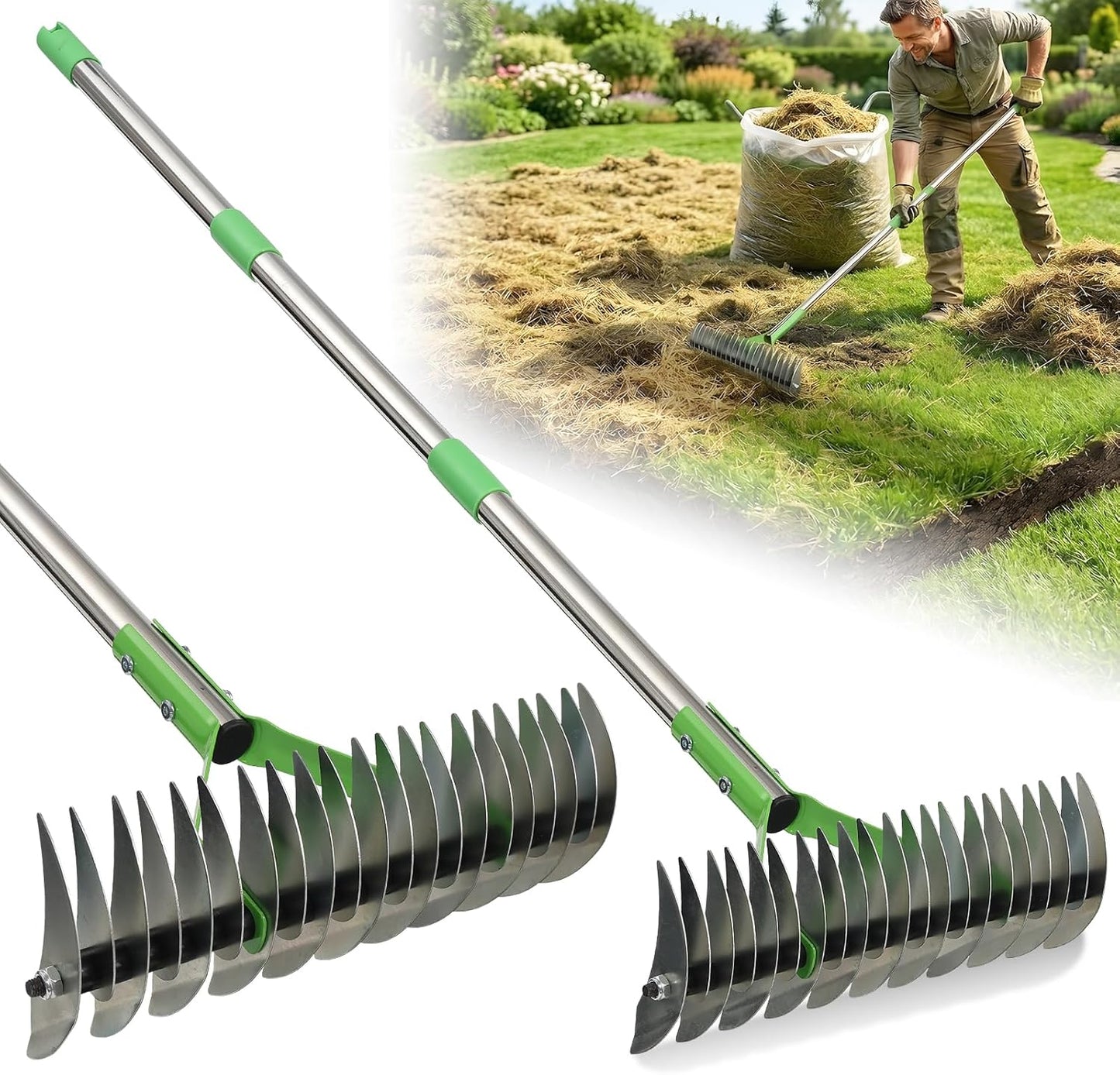 Thatch Rake for Lawn Care - 2-in-1 Manual Lawn Dethatcher & Scarifier Rake for Dead Grass,Moss Removal,Heavy Duty Thatching Dethatching Tool, 50'' Metal Adjustable Handle for Garden Yard Lawn