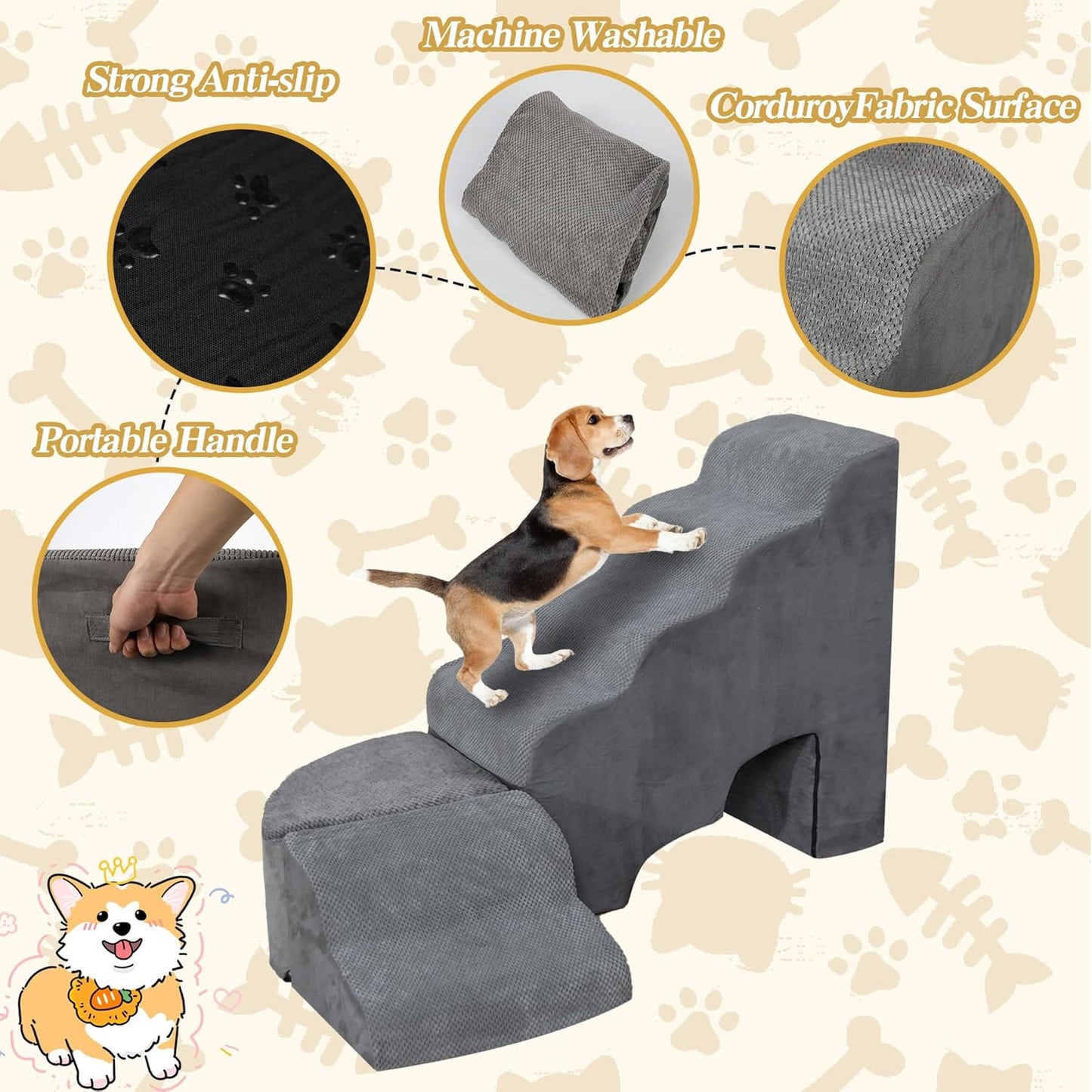 Dog Stairs for Small Dogs - LitaiL Dog Steps for High Bed, Sturdy 30in Stairs for Dogs to Get on Bed, Tall Pet Stairs Ramps with Removable Cover, Foam Pet Ramps for Bedside