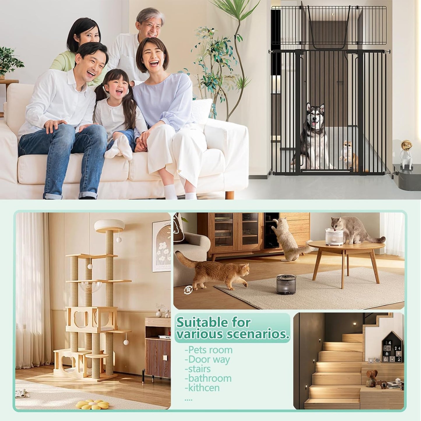 Jiprlak51 Extra Tall Cat Gate for Doorway – 30"-49.27" Extra Wide Pet Gate with Adjustable Cat Door Wide,Auto Close, Pressure Mounted, Pet Gate for Cats & Small Dogs, Hallway, Stairs, Kitchen