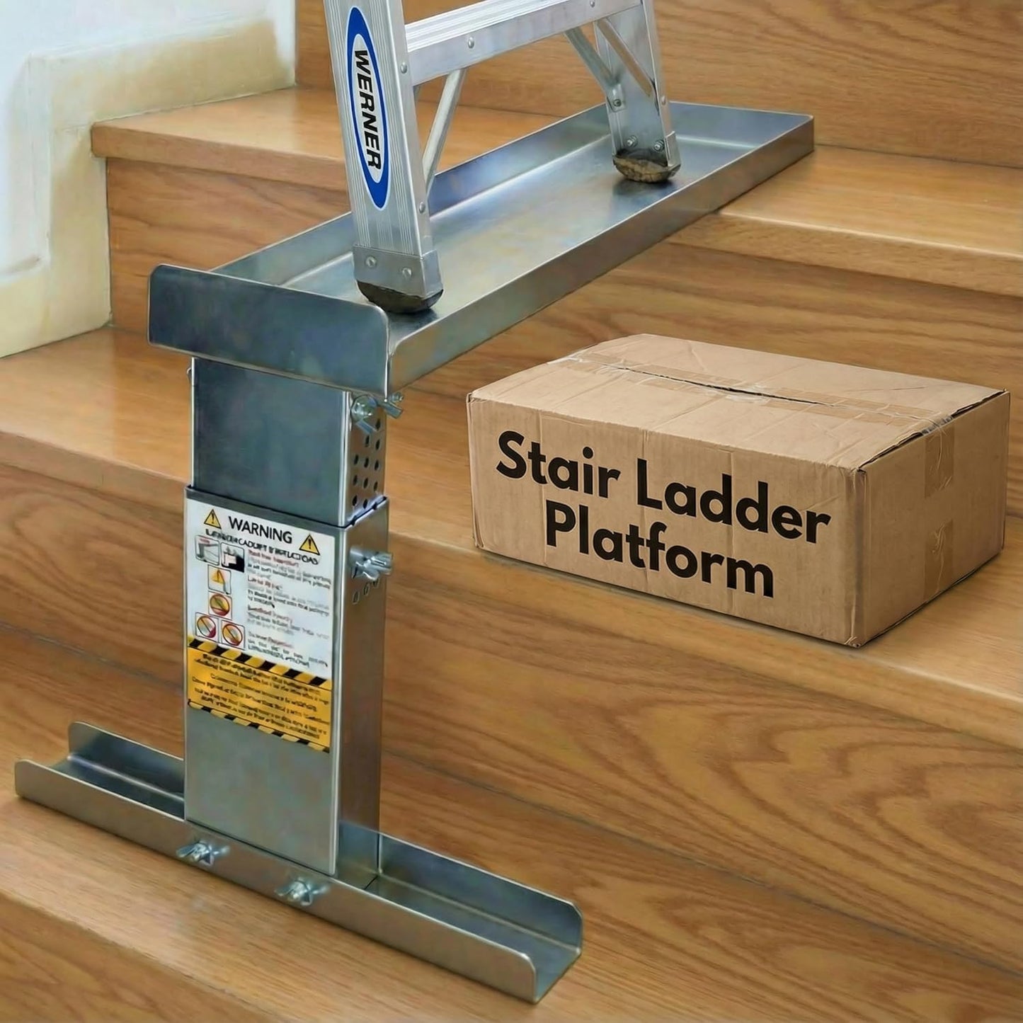 Renovatio Stair Ladder Platform – Ladder Extender & Ladder Leveler for Stairs, Heavy-Duty Adjustable Stabilizer Feet, Galvanized Steel Stairwell Scaffold Platform, 450 lb Load, 24" x 5.5"