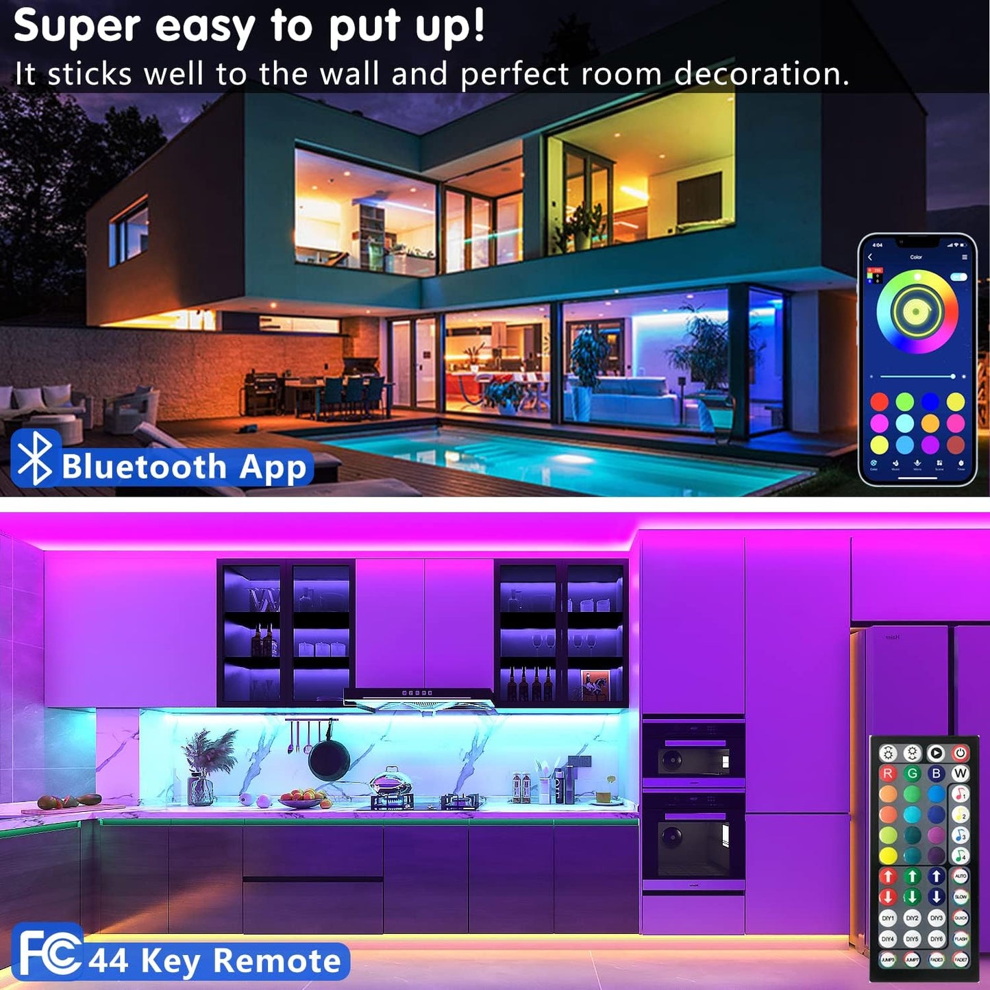 Keepsmile 100ft Led Strip Lights (2 Rolls of 50ft) Bluetooth Smart App Control Music Sync Color Changing RGB Led Light Strip with Remote,Led Lights for Bedroom Room Home Decor Party Festival