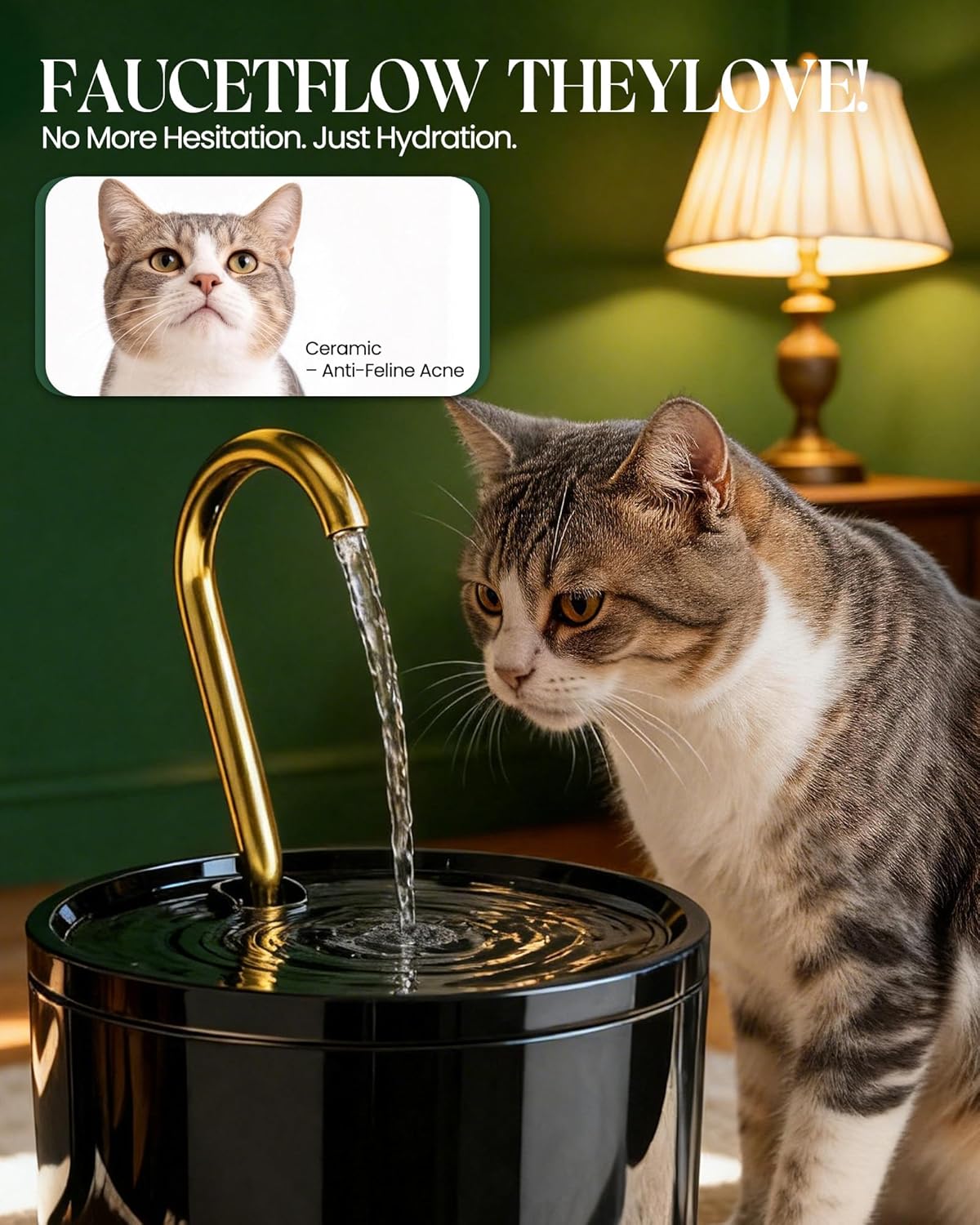 Tomxcute Ceramic Cat Water Fountain - 1.2L/40oz Ultra-Quiet Automatic Pet Drinking Fountain for Cats, All-Ceramic Body Water Dispenser with Copper Water Spout for Cats, Puppy and Small Pets