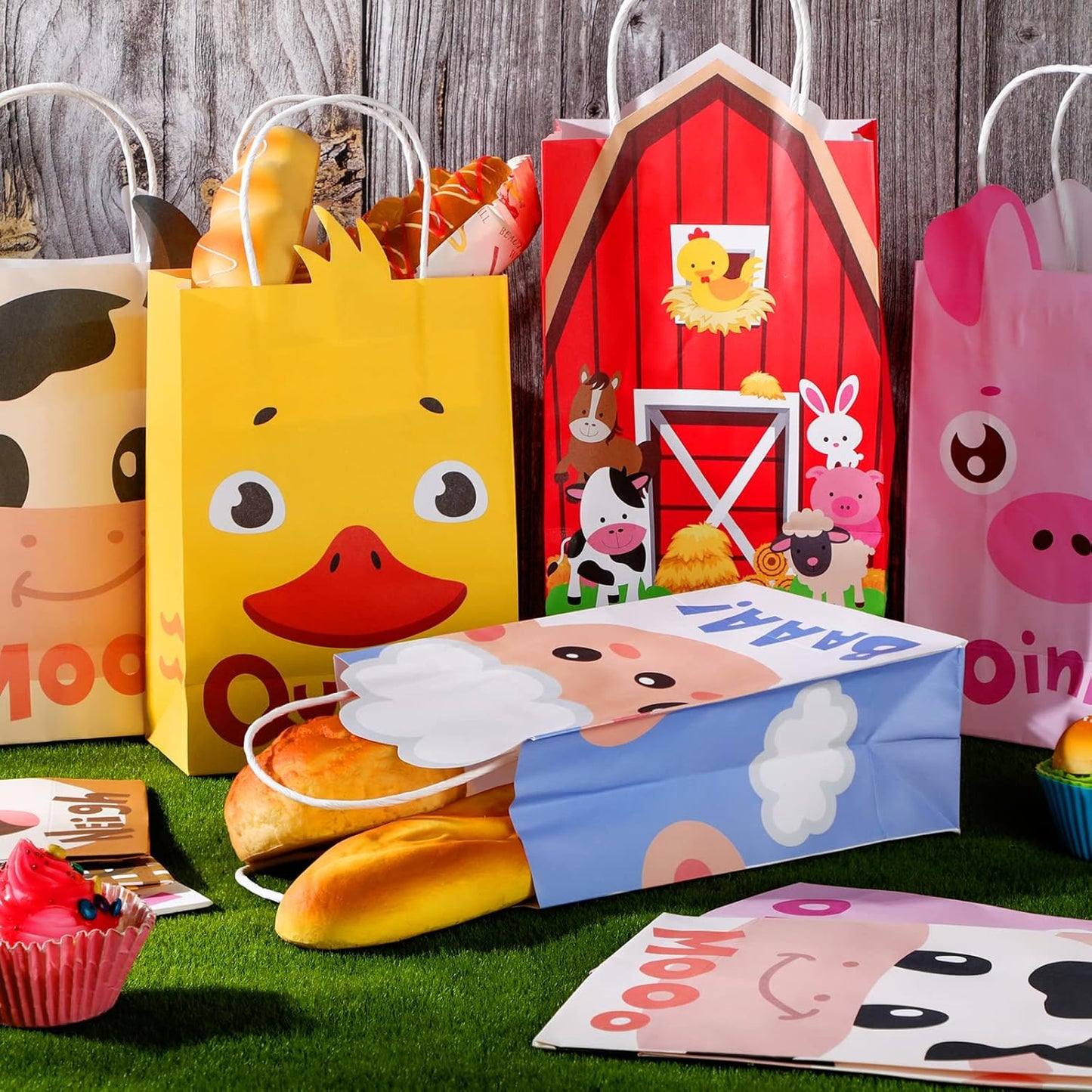 Tallew 16 Pack Farm Animal Party Favor Bags with Handles Farm Barnyard Treat Goodie Bags Kraft Paper Candy Gift Party Supplies for Kids Birthday Baby Shower Supplies Decorations