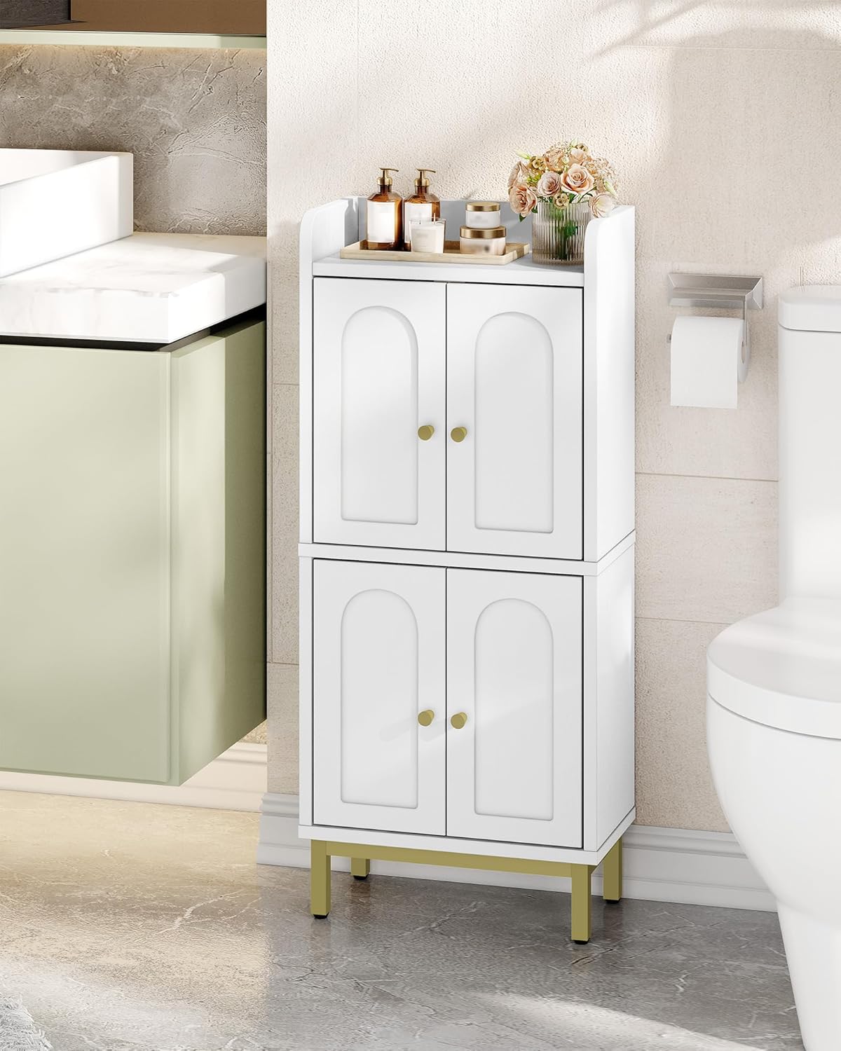 Bathroom Cabinet, Small Storage Cabinet with 4 Doors, Bathroom Organizers and Storage Cabinets with Adjustable Feet. Cabinets Freestanding for Living Room, Kitchen, 7.1"D x 14.6"W x 32.7"H