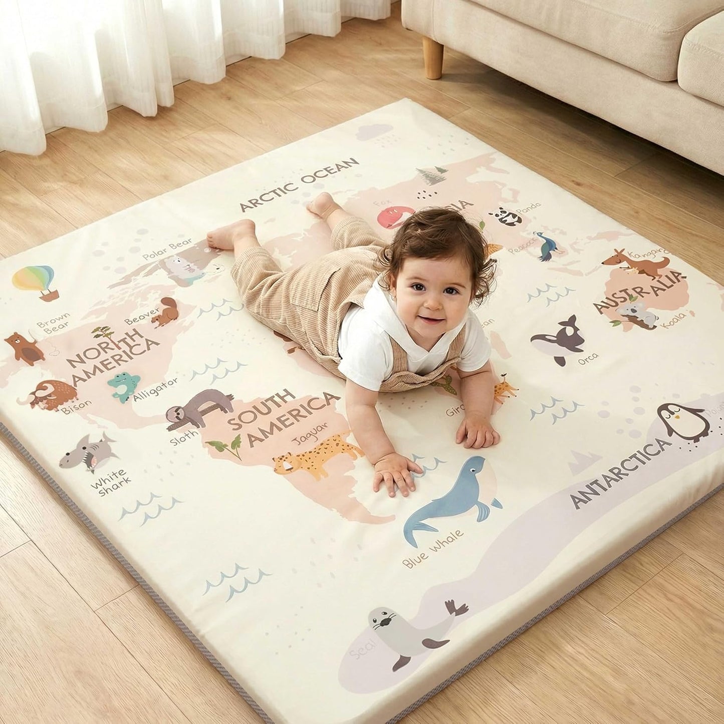 Baby Play Mat for Floor 50x50, 1.5” Thick Vegan Leather Crawling Mat with Removable Cover, Waterproof Playpen Mat for Infants and Toddlers, Wipe-Clean Kids Playmat, World Map
