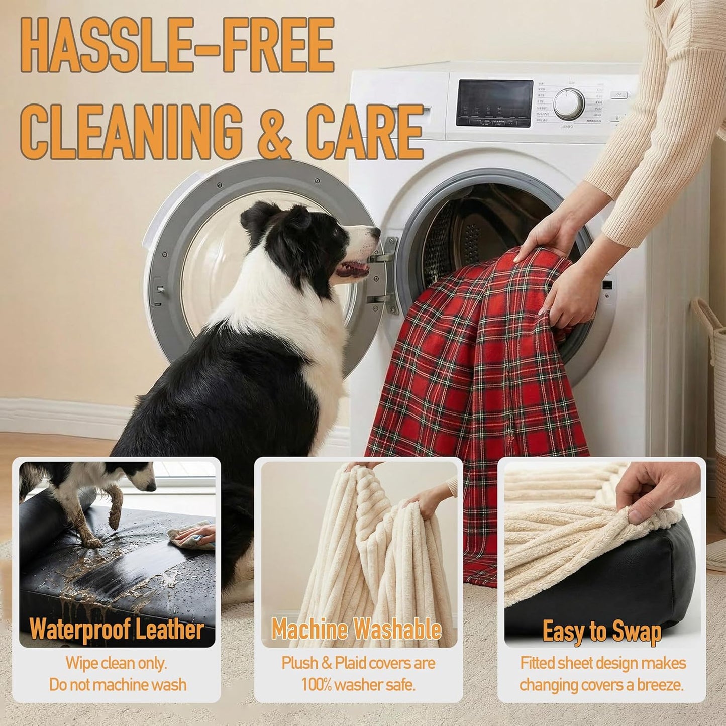 Orthopedic Dog Bed with 3 Interchangeable Covers (Leather, Plush, Plaid) – 4.4" Thick Waterproof Memory Foam Pet Mattress for Medium to Large Dogs up to 70lbs – 4-Season Washable Bundle