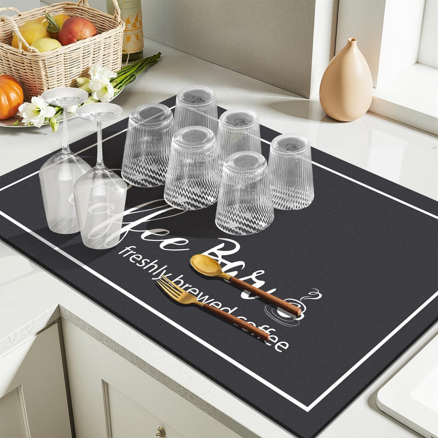 Findosom 12"x 20" Dish Drying Mat, Super Absorbent & Cuttable Coffee Mat, Hide Stain Bar Mat for Kitchen Counter, Coffee Bar Accessories, Black