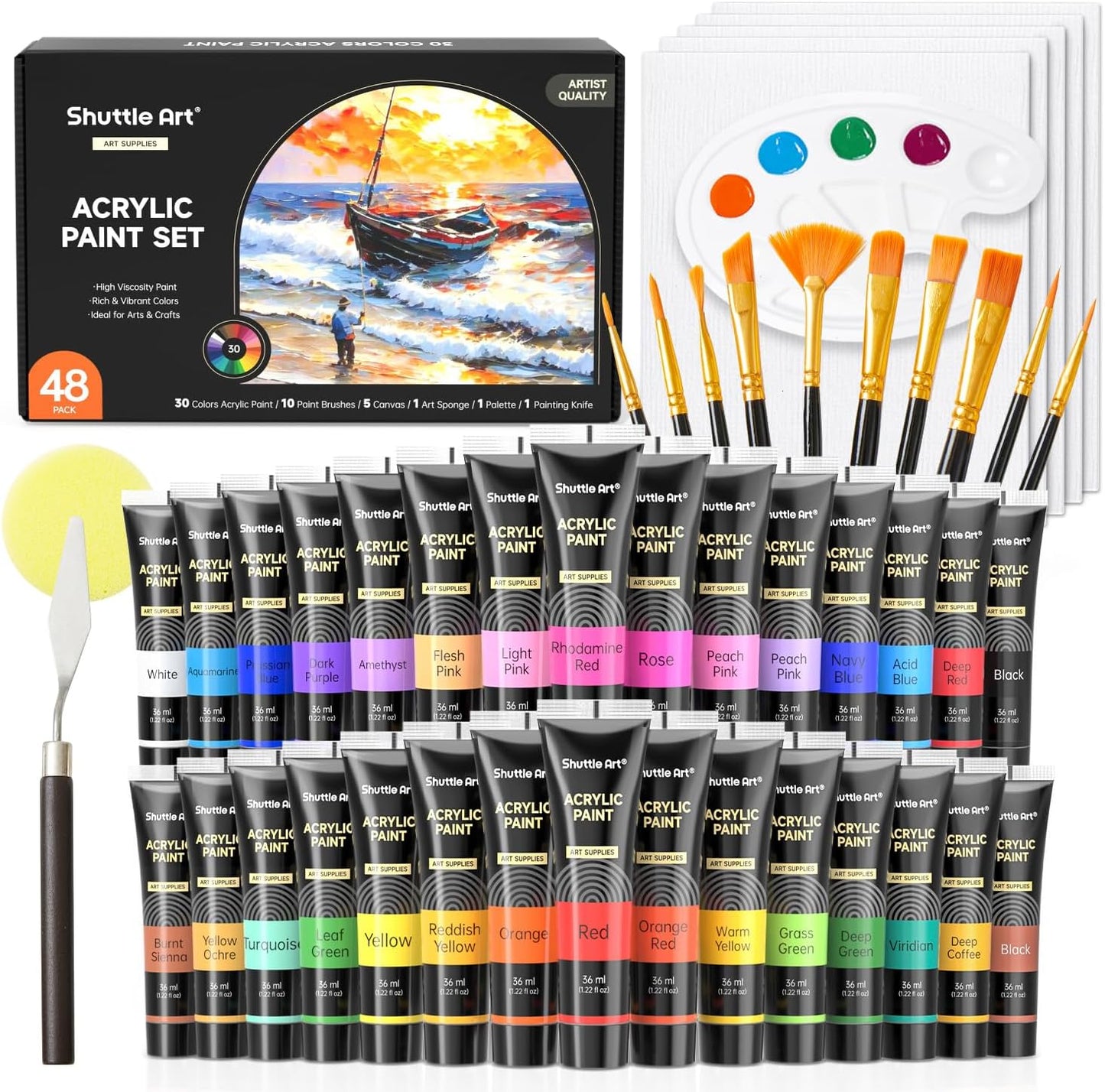 Shuttle Art 48 Pack Acrylic Paint Set, 30 Colors Acrylic Paint (36ml) with 10 Brushes 5 Canvas 1 Paint Knife 1 Palette 1 Art Sponge, Complete Set for Kids, Adults Painting on Canvas Rocks Wood Ceramic
