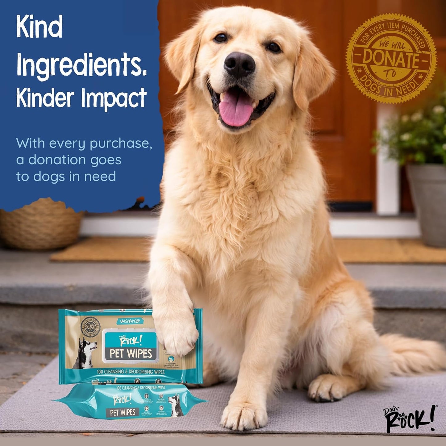 Dogs Rock! Pet Wipes for Dogs – 100 Count Hypoallergenic Dog Wipes for Paws, Face, Ears & Body – Unscented, Alcohol-Free, Thick & Gentle with Aloe