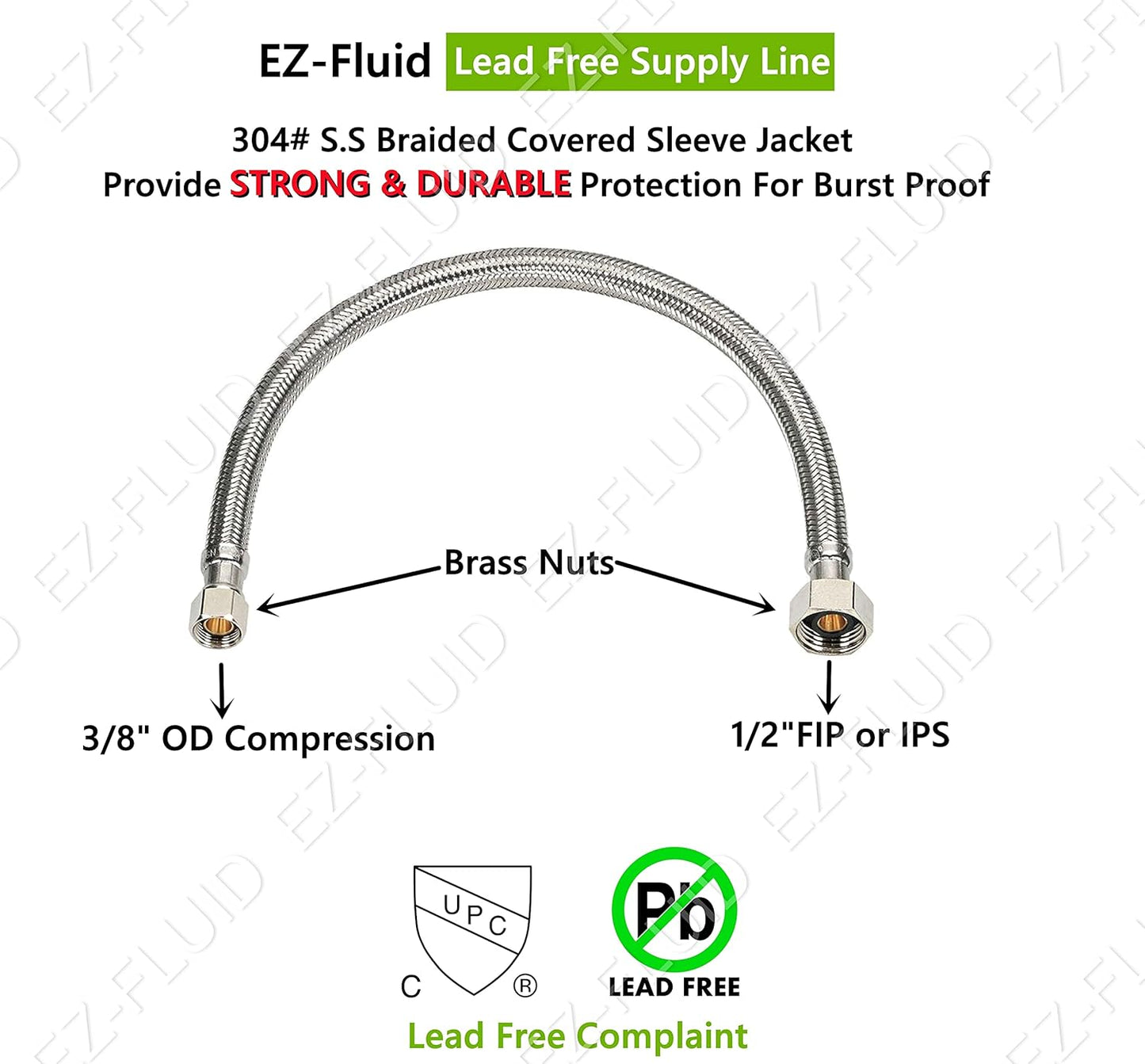EZ-Fluid (10) 20" Water Supply Line,1/2" Fip x 3/8" Comp LF,Brass Nuts,Universal Stainless Steel Braided Faucet Water Supply Line Connector,Water Supply Hose Connector Lines For Kitchen,Bathroom